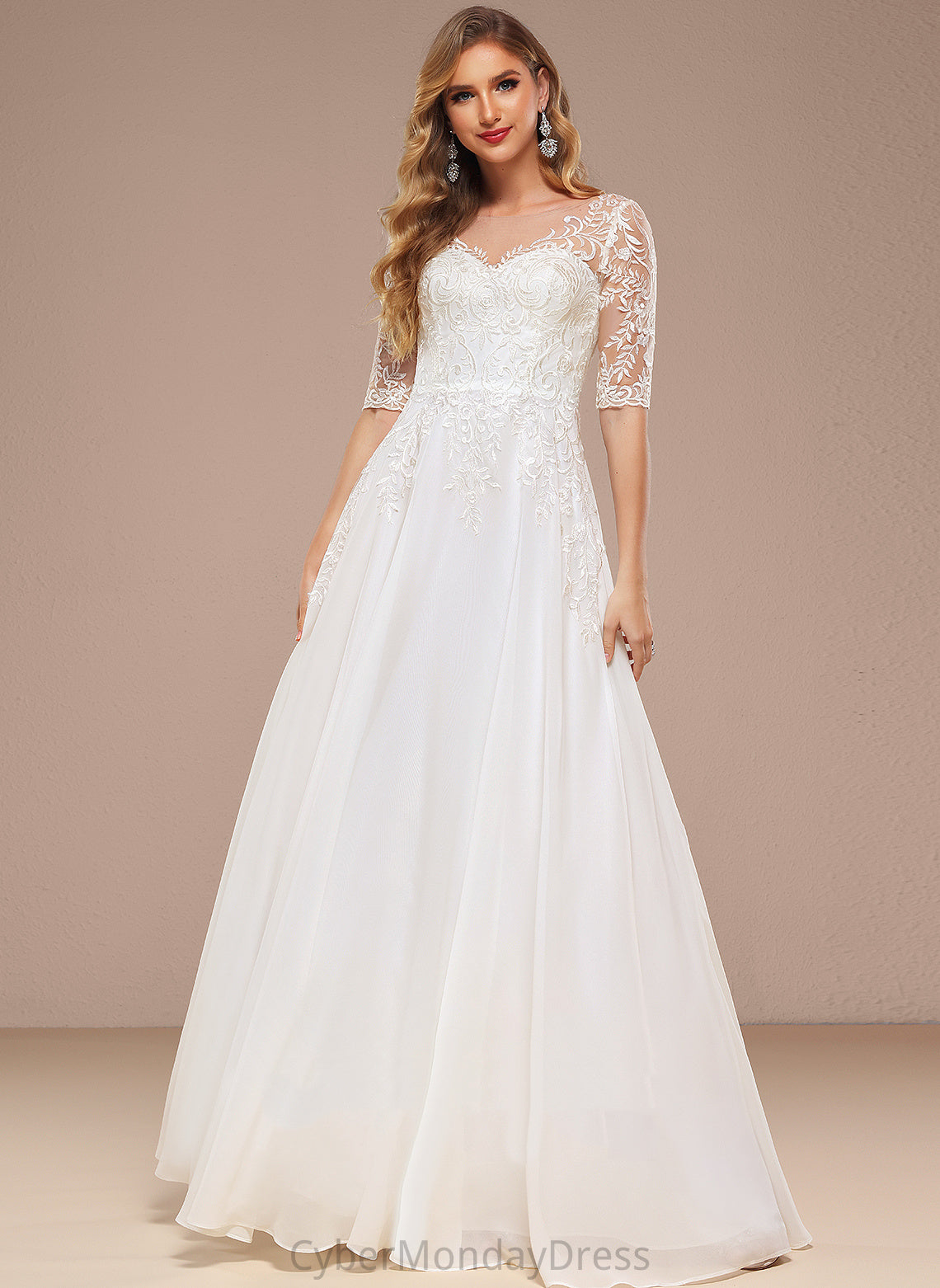 A-Line Dress Lace V-neck Chiffon Wedding Dresses Lailah Wedding Floor-Length