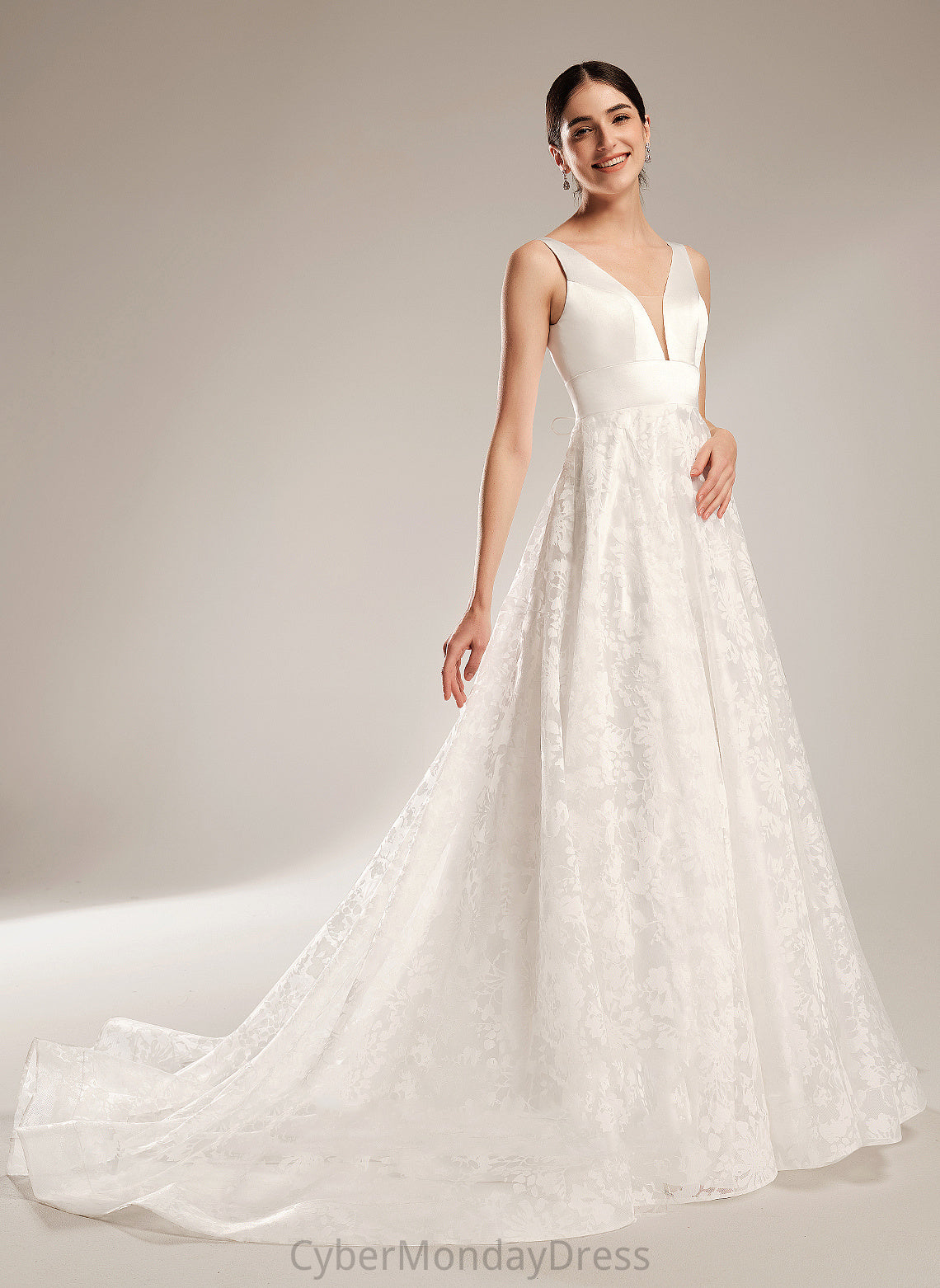 Ball-Gown/Princess Dress Marian V-neck Wedding Train Lace Chapel Wedding Dresses Satin