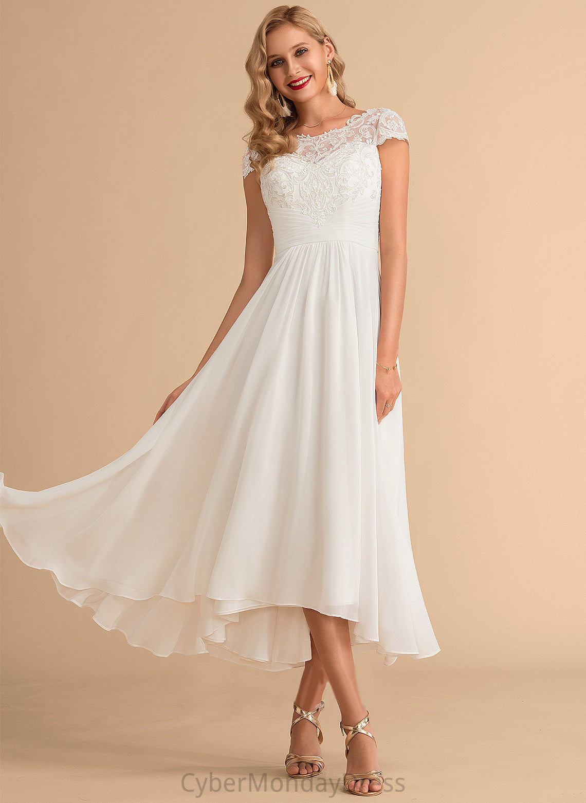 Dress Lace Wedding Wedding Dresses Scoop Asymmetrical Chiffon Lia A-Line Neck