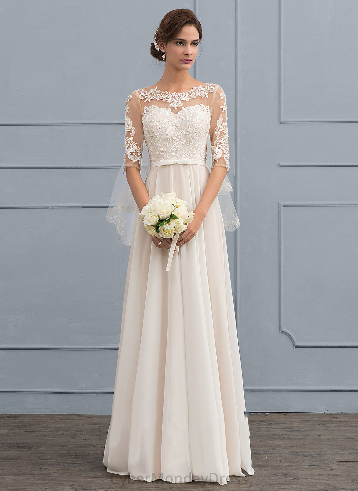 A-Line With Dress Savannah Lace Chiffon Beading Wedding Dresses Sequins Illusion Bow(s) Floor-Length Wedding