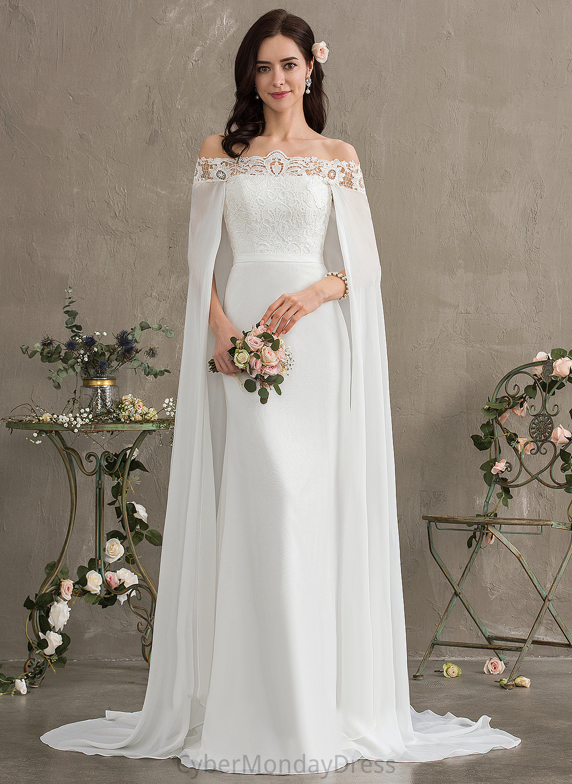 Train Ashtyn Chiffon Lace Off-the-Shoulder Lace Dress Court Wedding Dresses Sheath/Column With Wedding