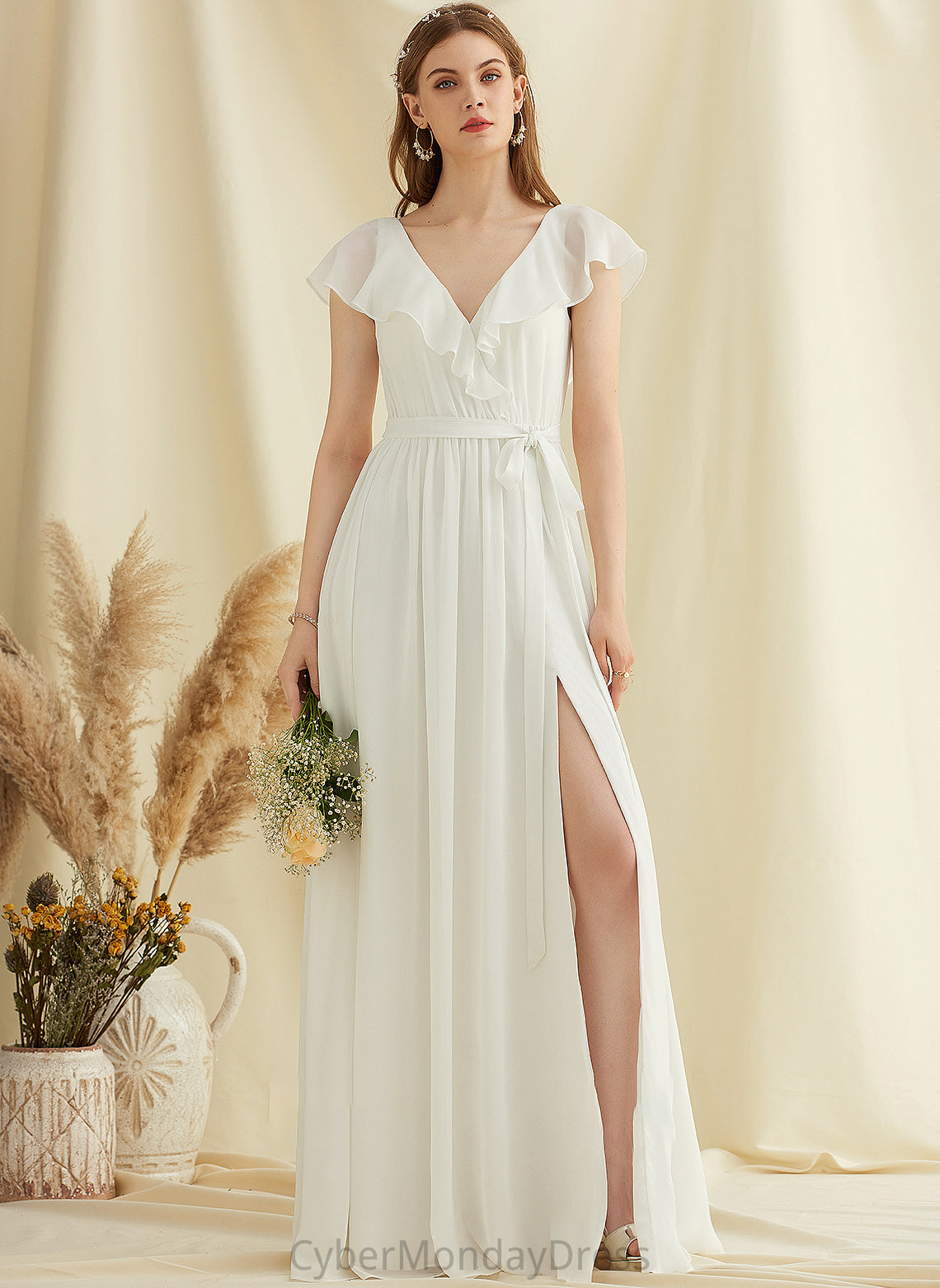 V-neck Wedding Dresses Chiffon Dress Ruffles Wedding Front With Split A-Line Cascading Floor-Length Rosalie