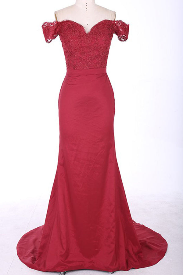 Red Sheath Sweep Train Off Shoulder Mid Back Appliques Prom Dresses