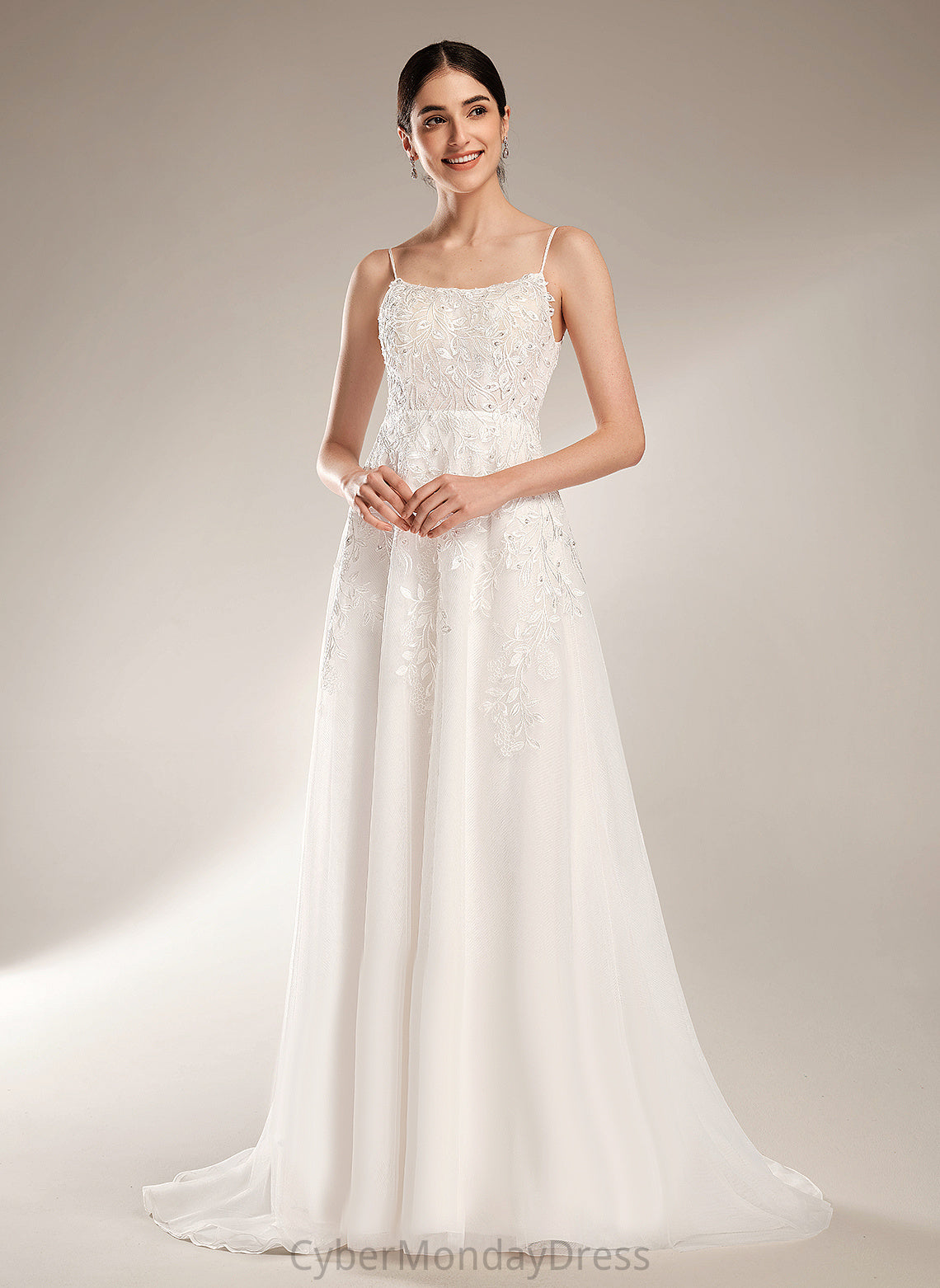 A-Line Tiana Wedding Dresses Sequins Lace Court With Wedding Dress Neckline Beading Tulle Train Square