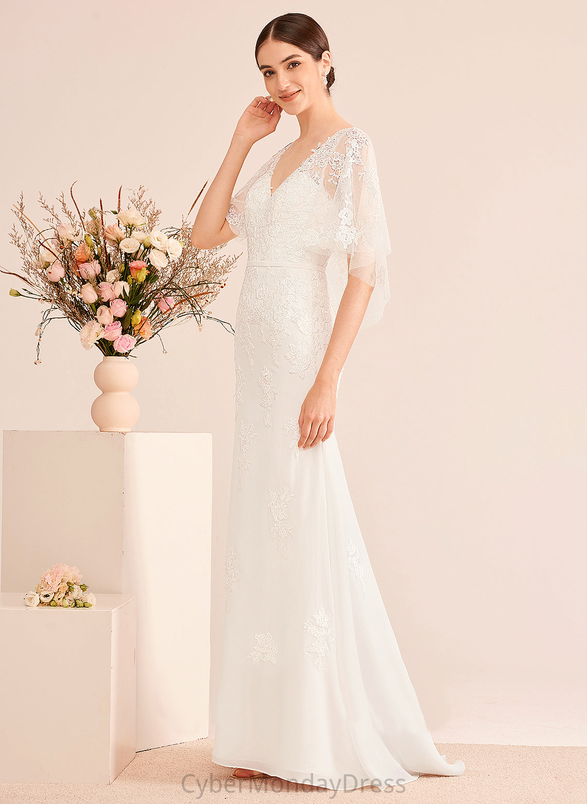 Court Trumpet/Mermaid Wedding With Yazmin Chiffon Wedding Dresses Lace Train Sash V-neck Dress