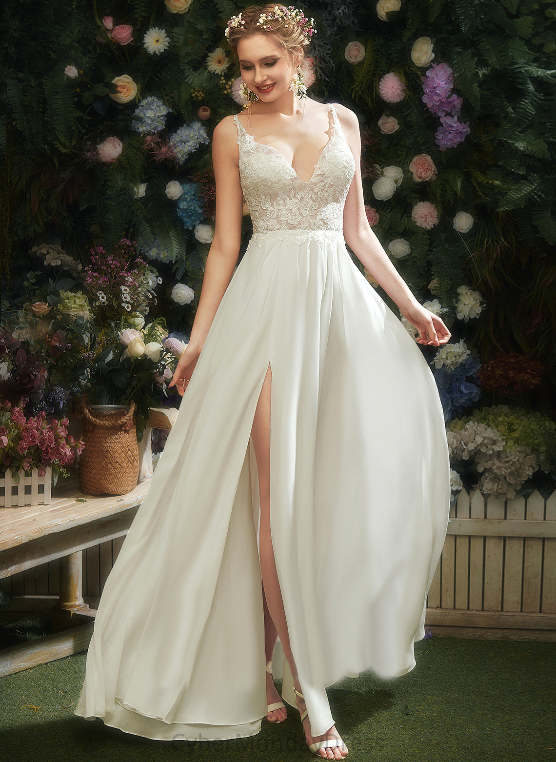 Wedding Dresses A-Line Lace Liana Chiffon Wedding Floor-Length Dress V-neck