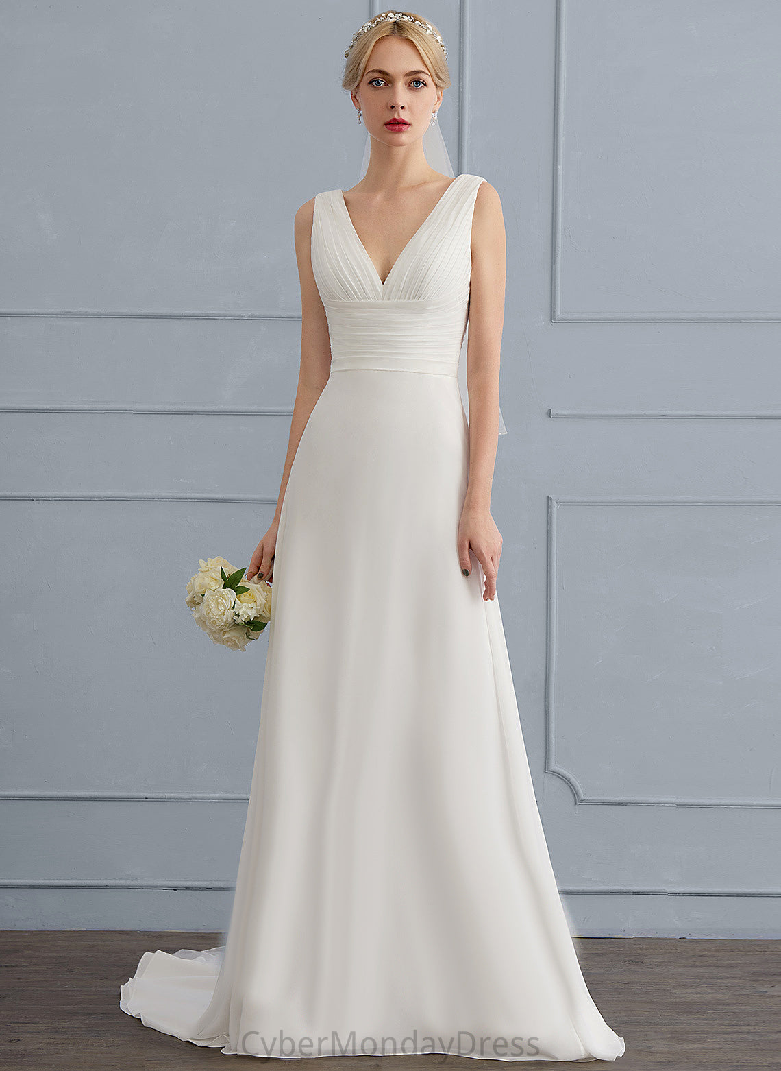 With V-neck Ruffle Sweep Train Chiffon Macey Wedding Dresses Dress A-Line Wedding Lace