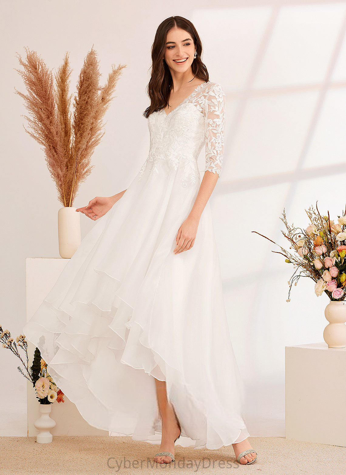 Lace V-neck Corinne Tulle Dress Beading Wedding Wedding Dresses Asymmetrical With Sequins A-Line