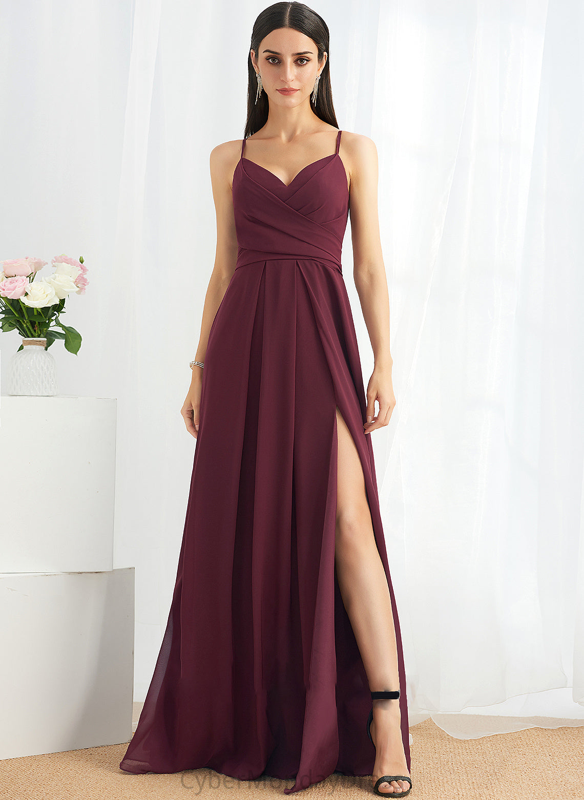 Length Neckline A-Line V-neck Floor-Length Embellishment SplitFront Silhouette Ruffle Fabric Addyson One Shoulder Bridesmaid Dresses