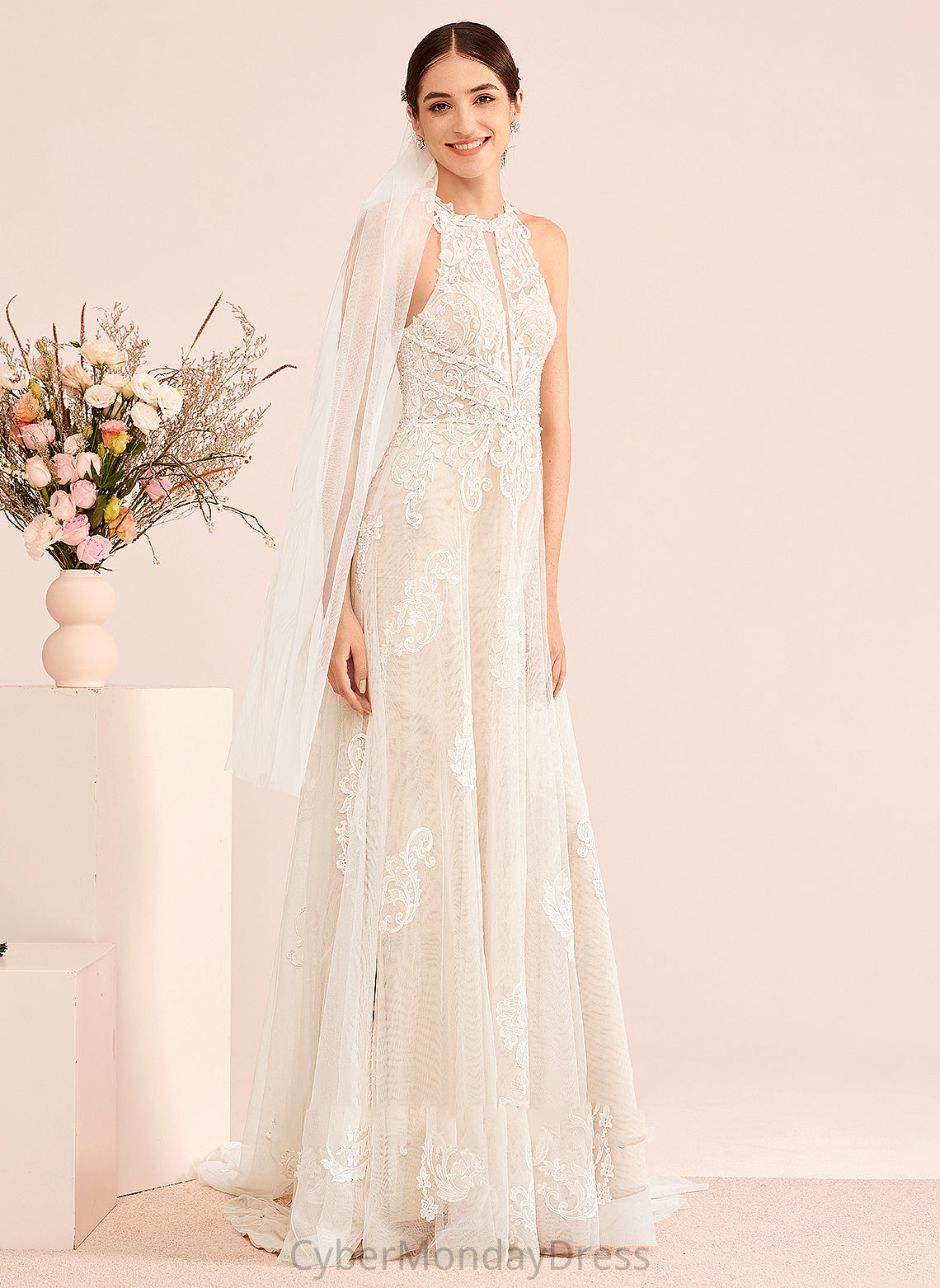 Train Wedding Neck A-Line Dress Court With High Wedding Dresses Cora Beading