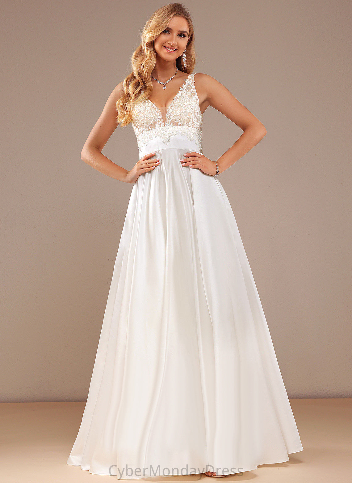 Nyasia Wedding Dresses Wedding Floor-Length Ball-Gown/Princess Pockets Satin Lace V-neck Lace With Dress