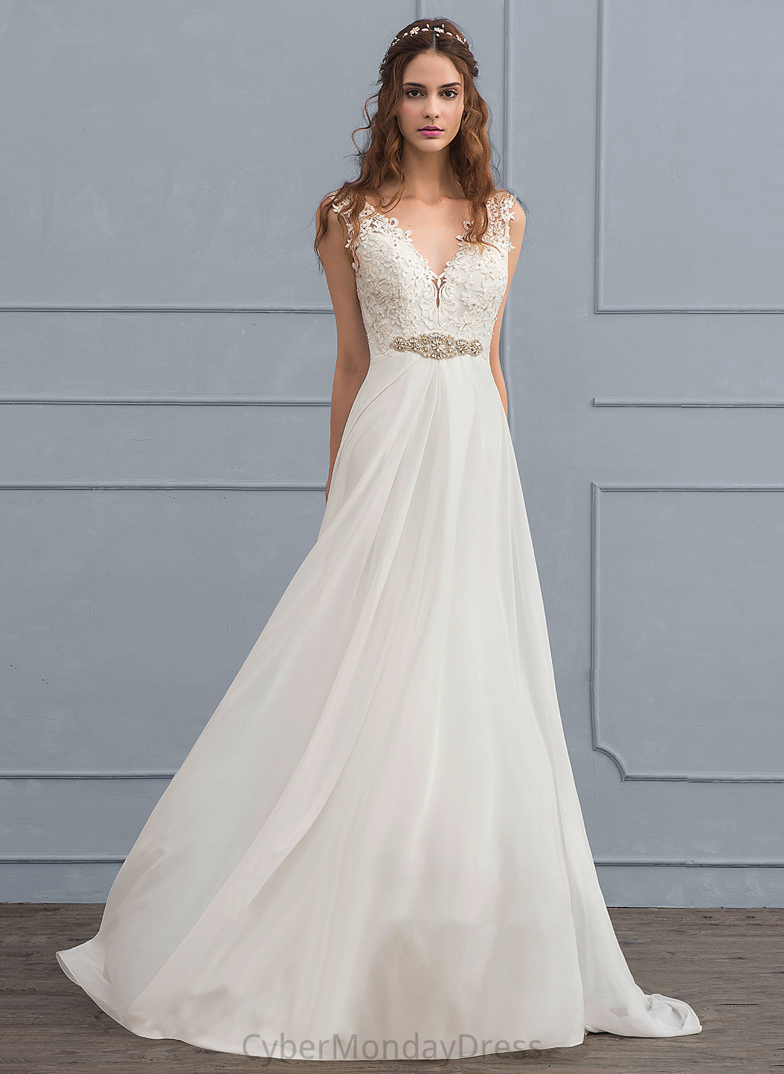 Lace Dress Sequins Karli V-neck Wedding Dresses Wedding With Chiffon Beading Train A-Line Court