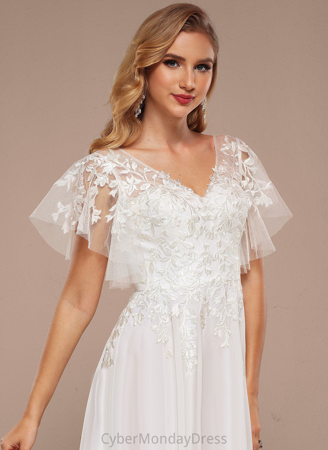 Tulle V-neck Dress With Wedding Dresses Asymmetrical Lace Patience A-Line Ruffle Wedding