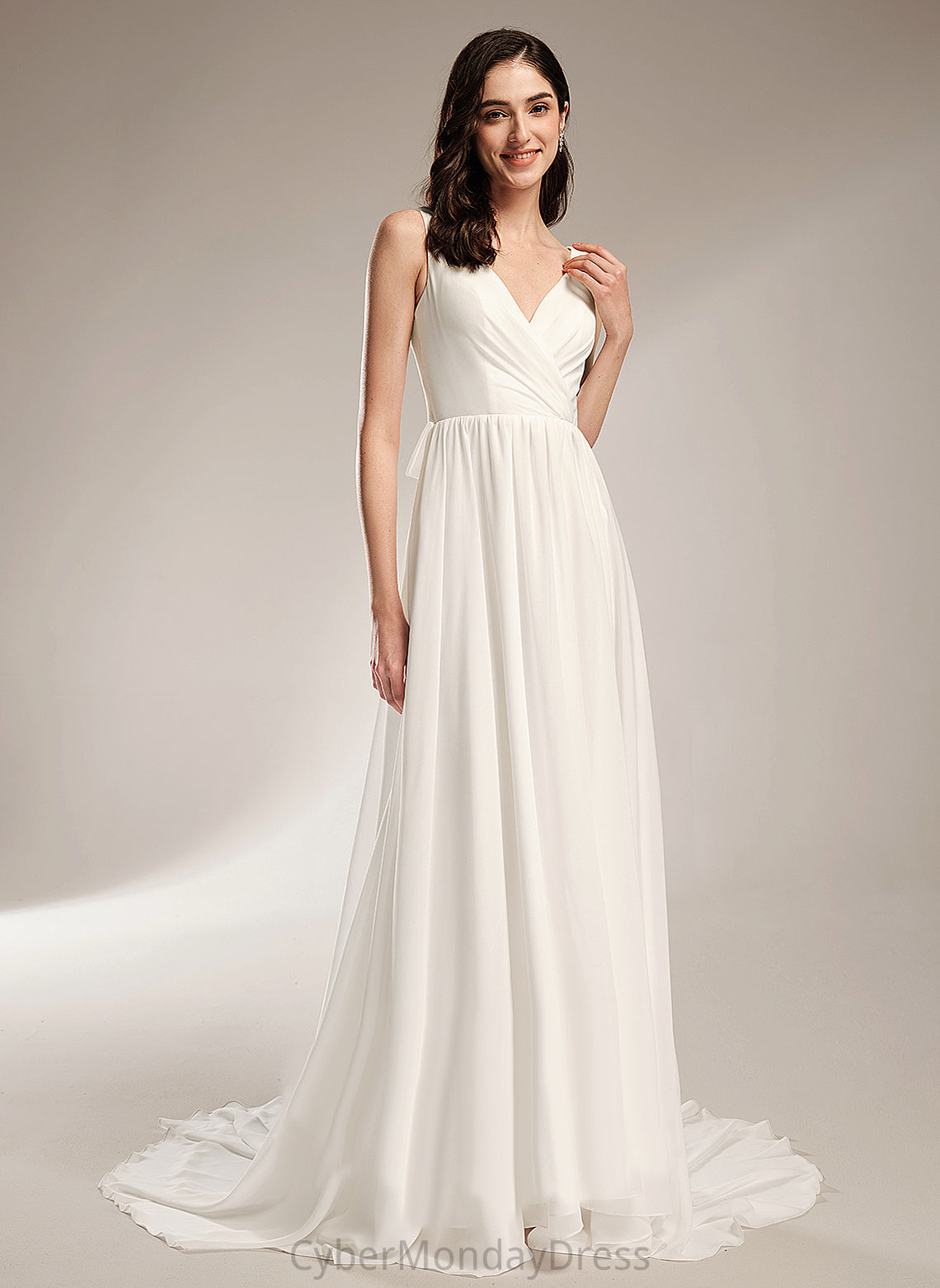 A-Line Sophronia Court Wedding Chiffon Lace Dress Train Wedding Dresses With V-neck