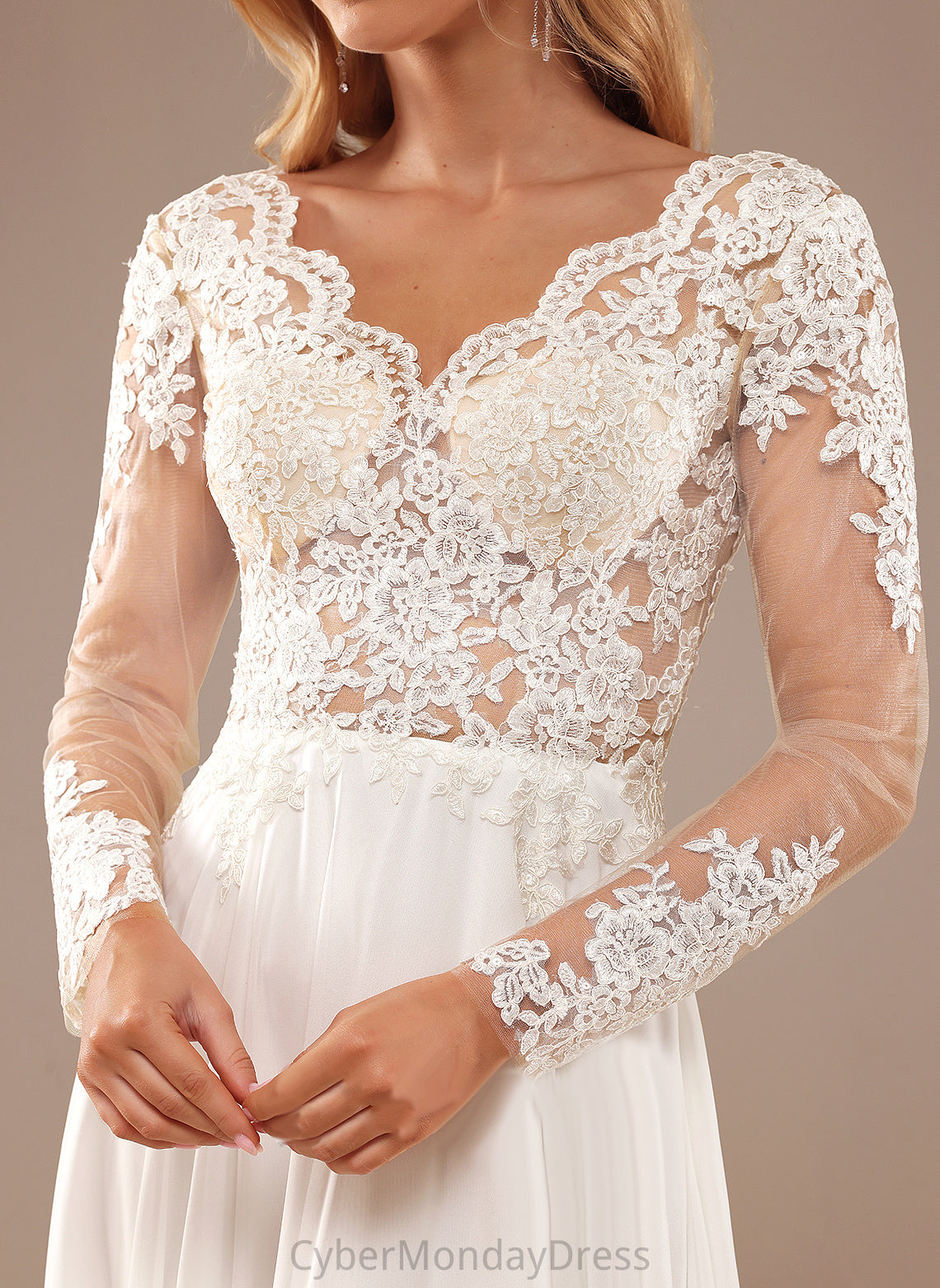 A-Line Wedding Lace Natasha V-neck Floor-Length With Chiffon Dress Sequins Wedding Dresses