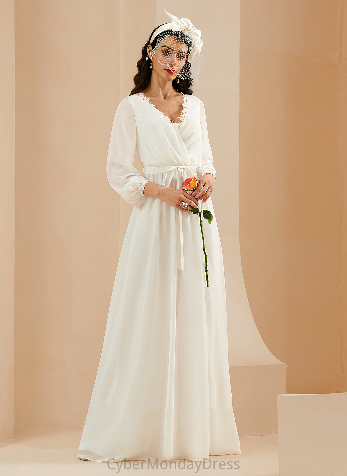 With V-neck Chiffon Floor-Length Lace Wedding A-Line Claudia Split Wedding Dresses Dress Front