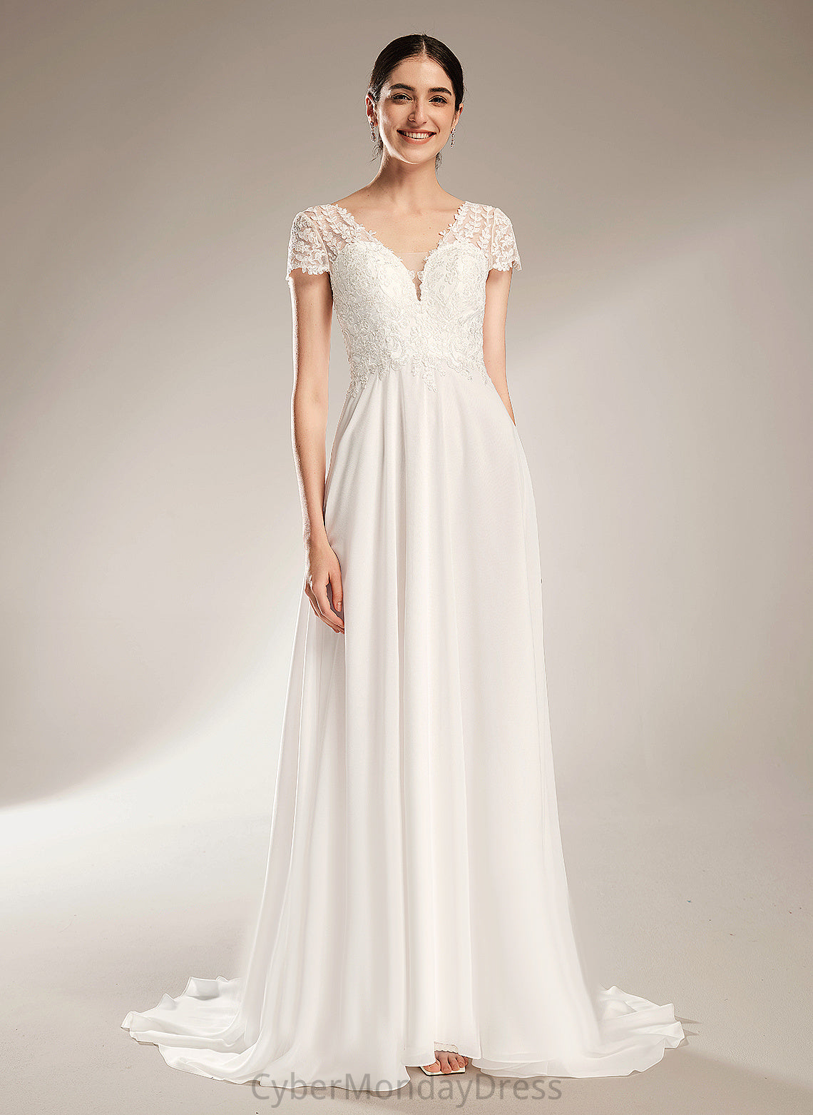 Chiffon Wedding Wedding Dresses A-Line Dress Bow(s) Court Lace Pru Train V-neck With