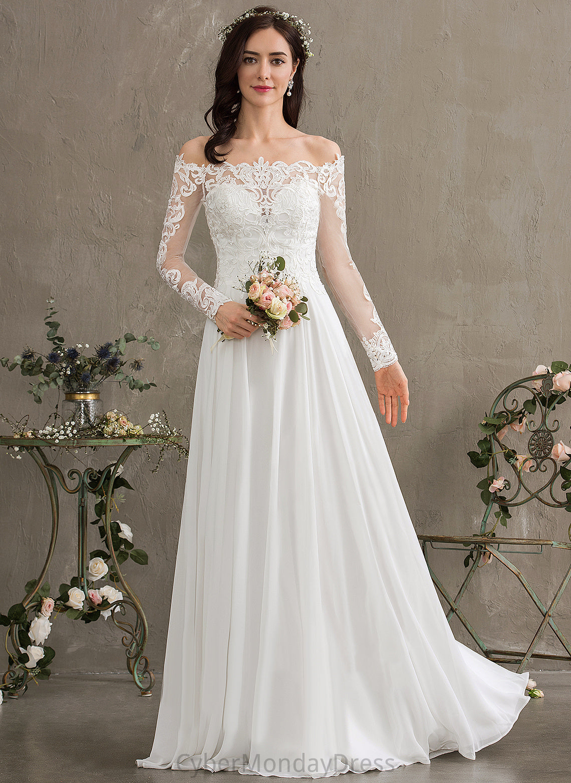 Lace Floor-Length Off-the-Shoulder Lace Wedding Dresses Dayanara Chiffon With Wedding A-Line Dress