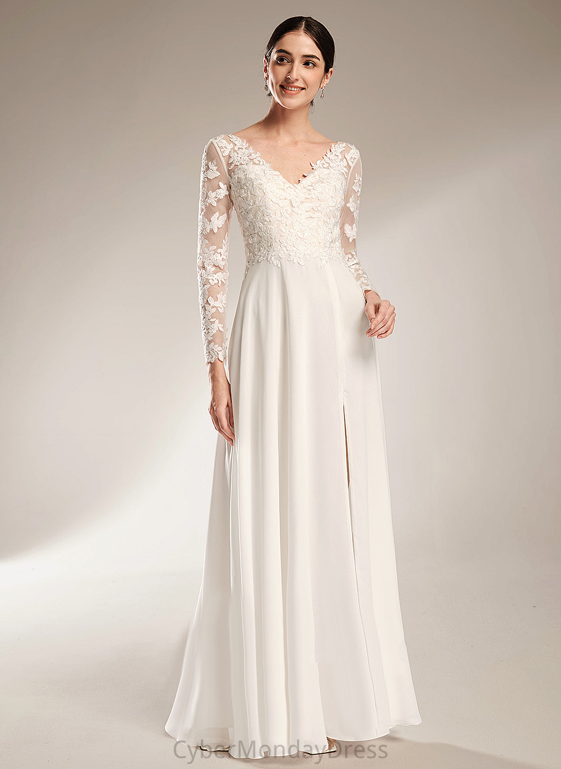 Karley Lace A-Line Split Front Wedding Chiffon Dress With V-neck Wedding Dresses Floor-Length