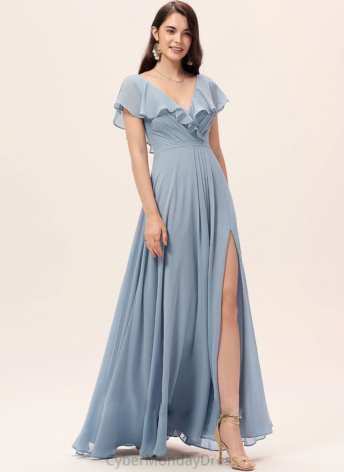 Silhouette Floor-Length V-neck Neckline Length Fabric Embellishment A-Line SplitFront Mabel Sleeveless Straps Bridesmaid Dresses