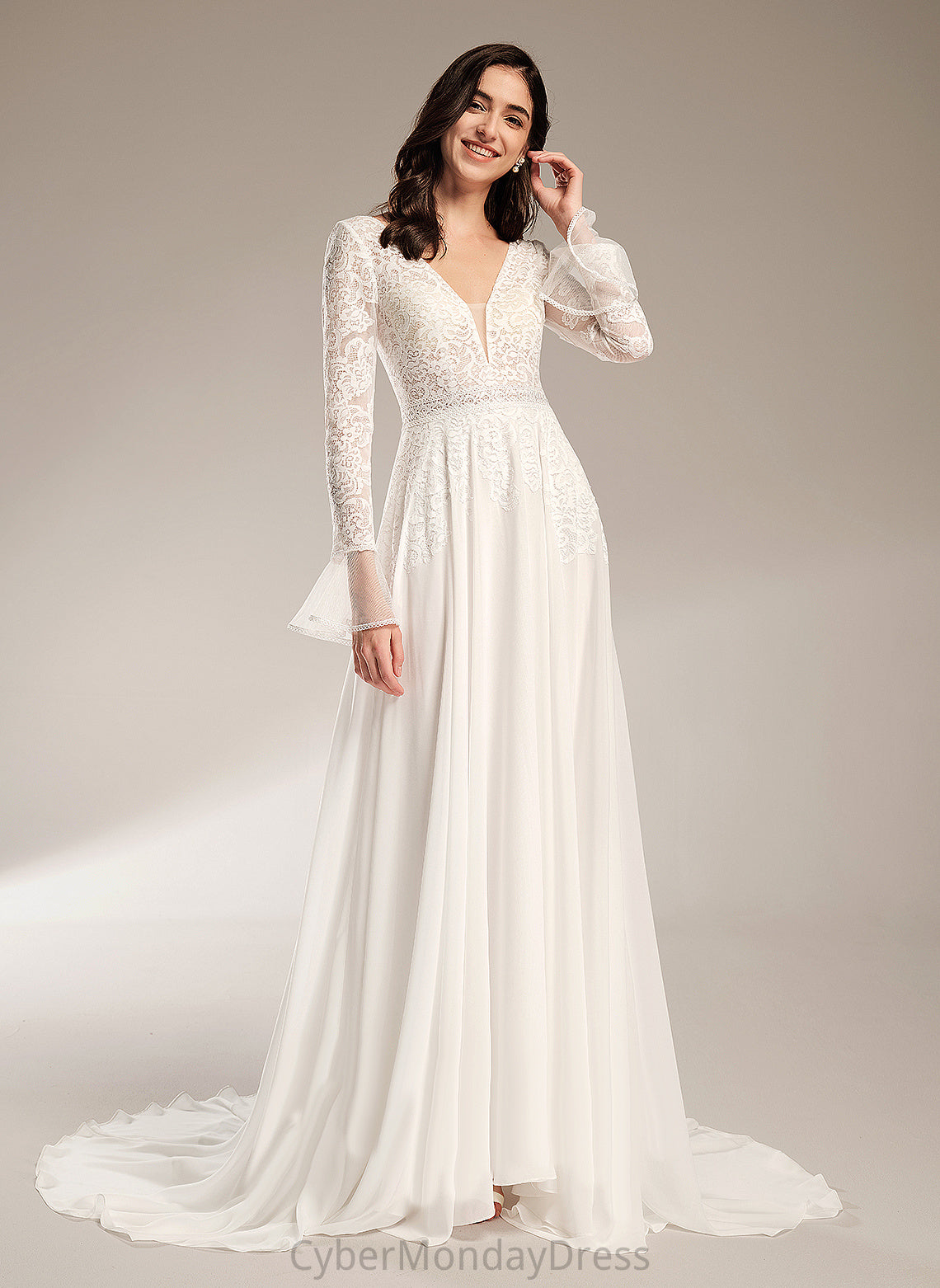 Dress Court A-Line Wedding Dresses Lace Train With V-neck Kassandra Chiffon Wedding Ruffle