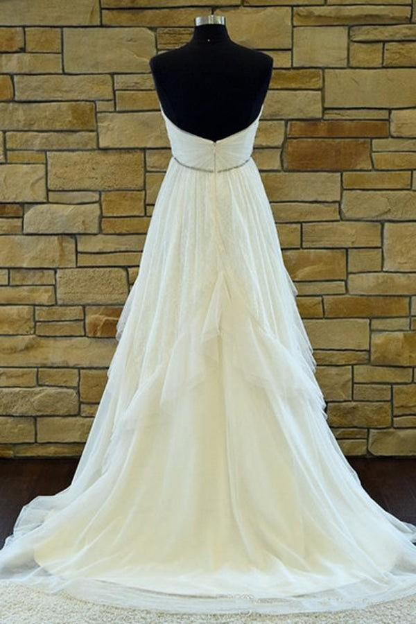 Sweetheart Strapless Court Train A Line Backless Ruffles Wedding Dresses