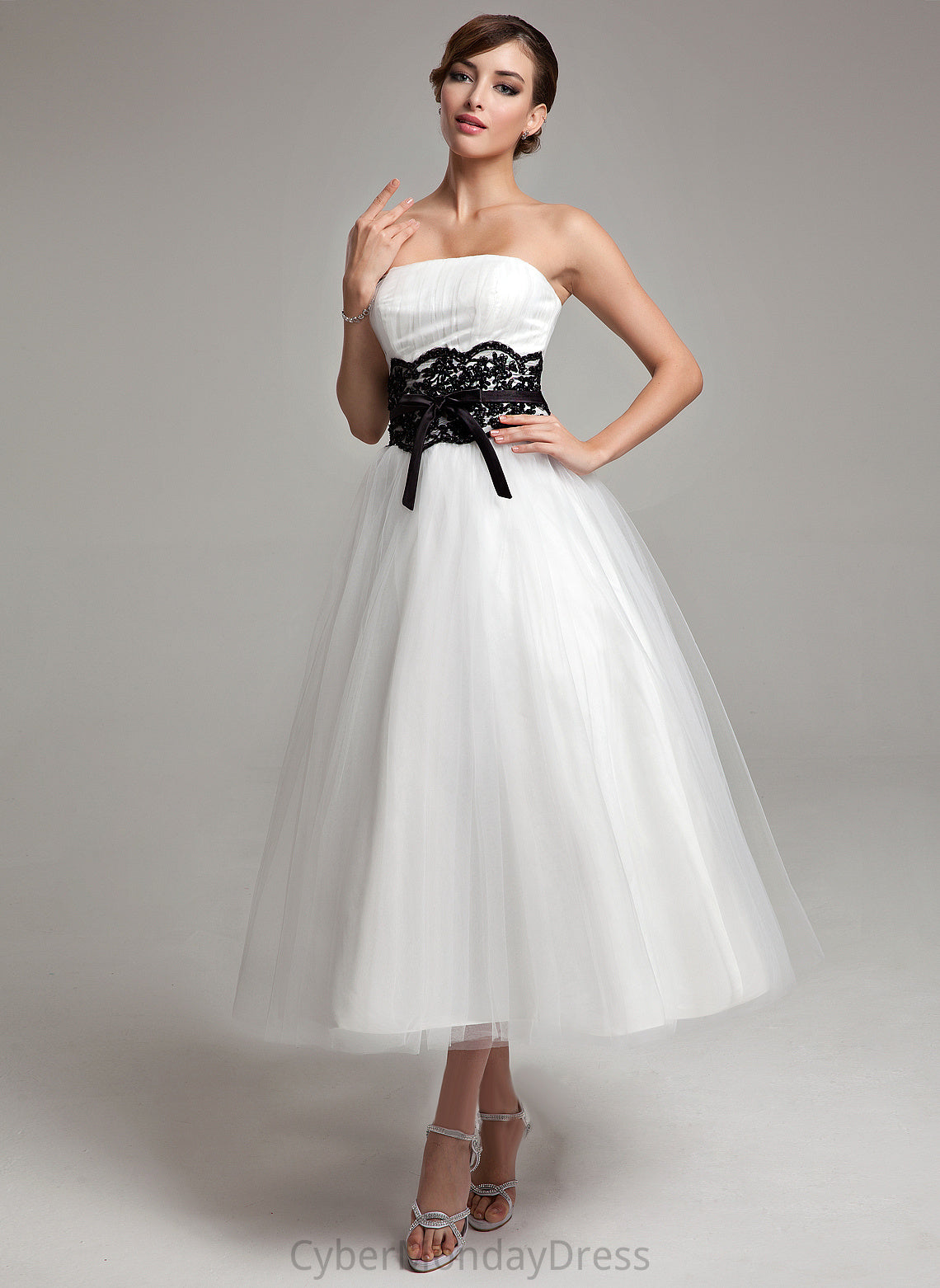 With Marcie Beading Tea-Length Wedding Dresses Satin Lace Dress Ball-Gown/Princess Sash Bow(s) Strapless Tulle Wedding