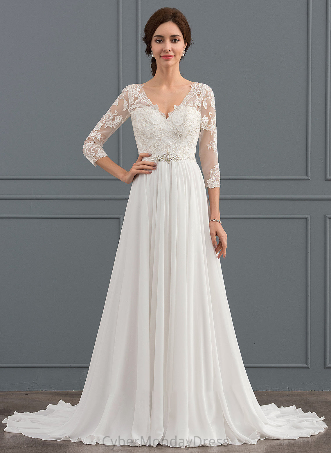 Lace Mikaela Sequins With Sweep Train Dress Chiffon Wedding Dresses Beading A-Line Wedding V-neck