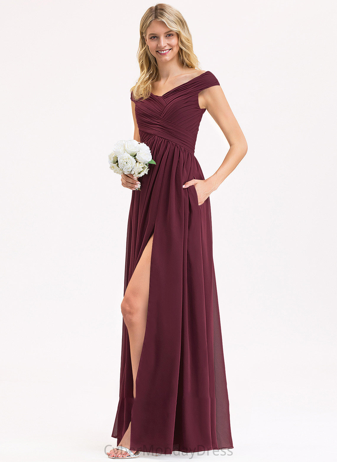 Neckline Fabric Ruffle SplitFront A-Line Off-the-Shoulder Embellishment Floor-Length Pockets Length Silhouette Jasmin Bridesmaid Dresses