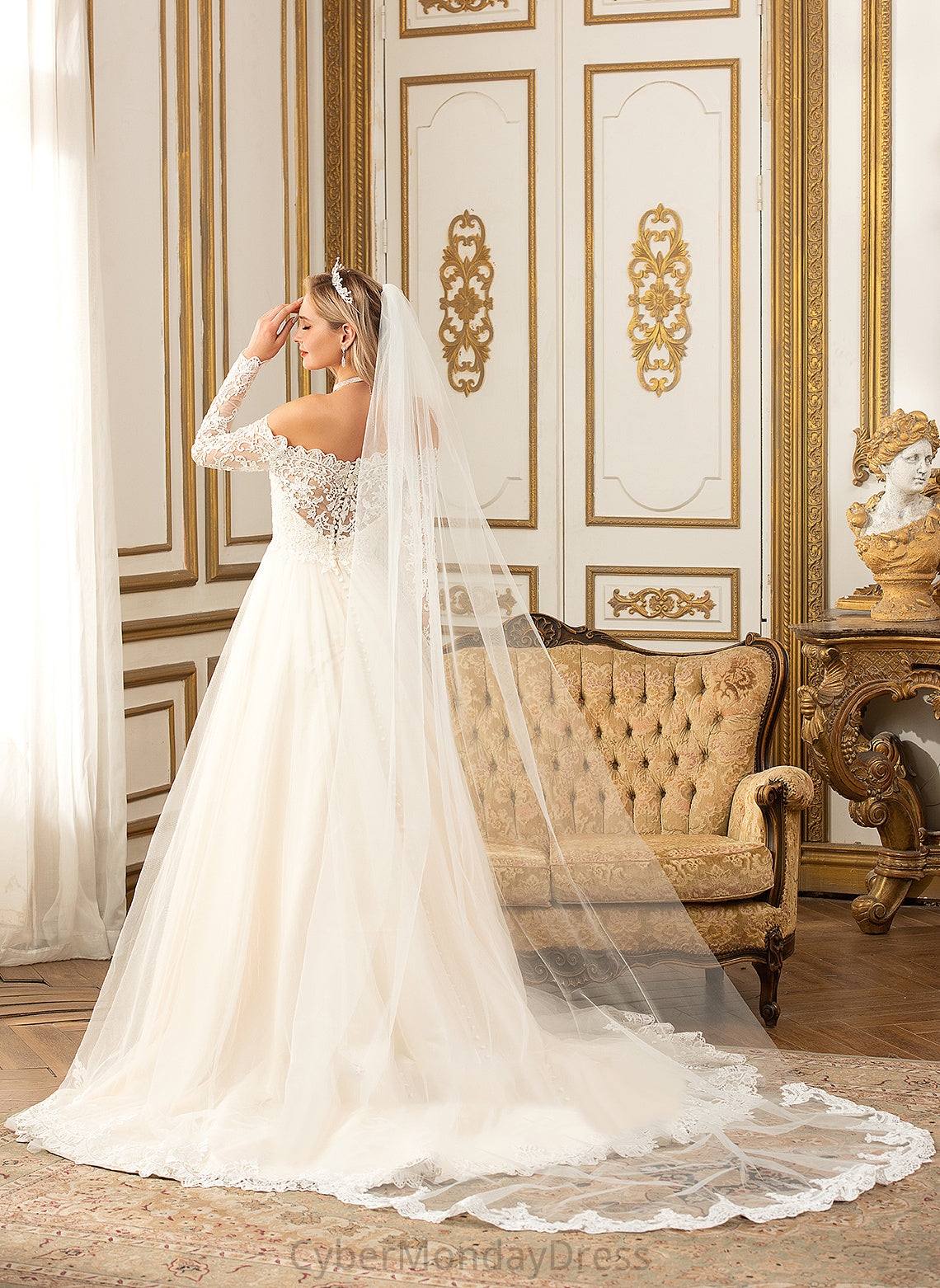 Ball-Gown/Princess Melanie Dress Tulle Off-the-Shoulder Train Chapel Lace Wedding Wedding Dresses