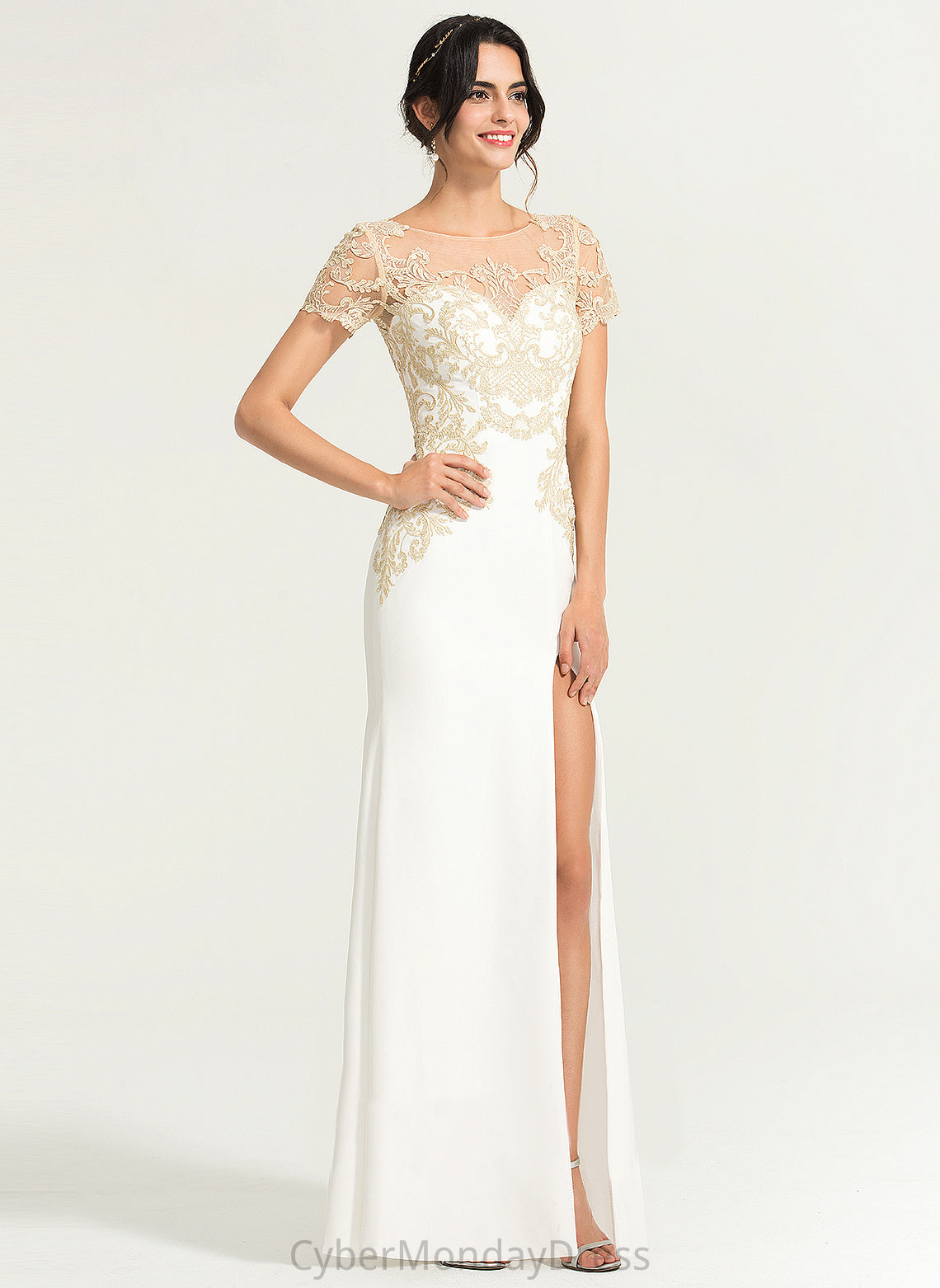 Stretch Front Wedding Scoop Lace Floor-Length With Crepe Tia Split Dress Neck Sheath/Column Wedding Dresses