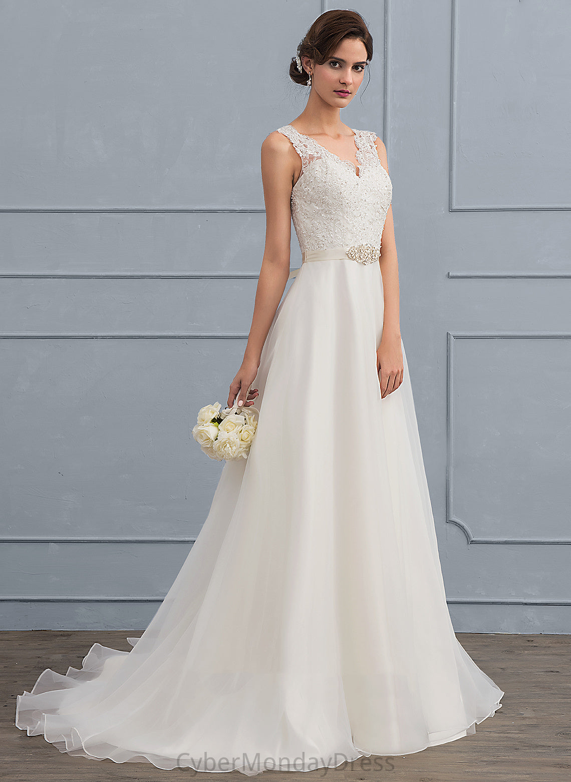 Danica Dress Beading Train Wedding Dresses Wedding Organza With V-neck Lace Sweep Bow(s) A-Line