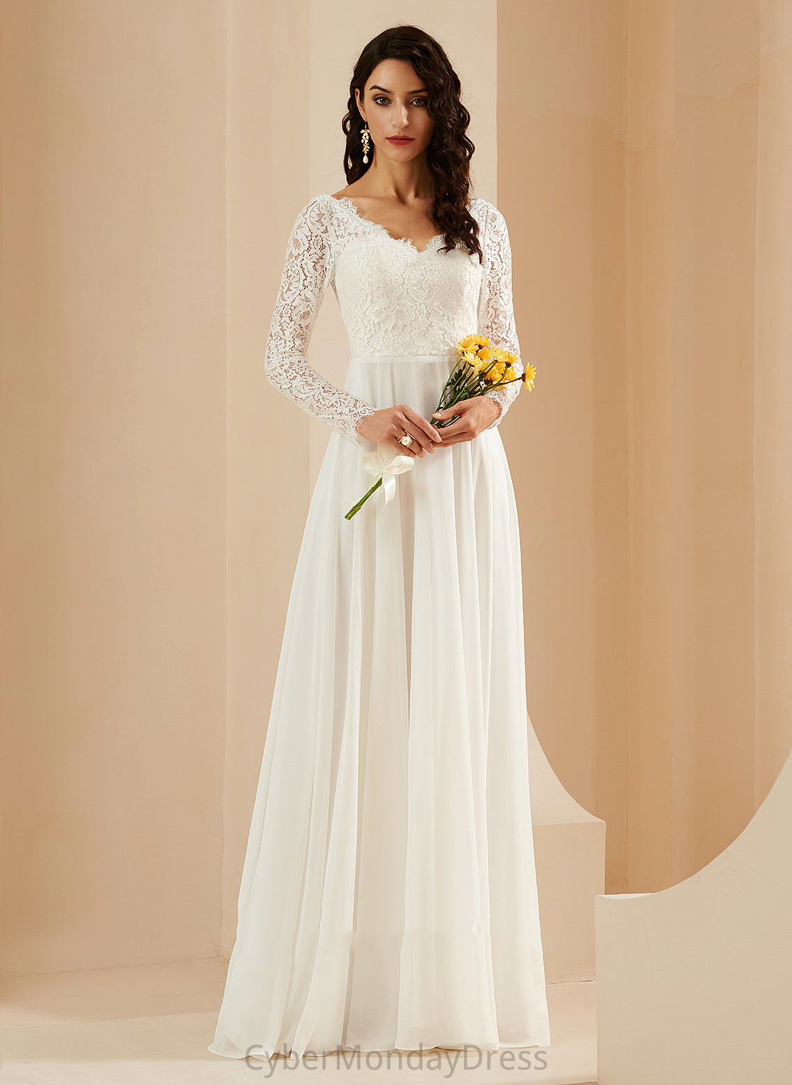 Sweep Wedding Dresses Chiffon Wedding Elaine Train Lace With A-Line Dress V-neck