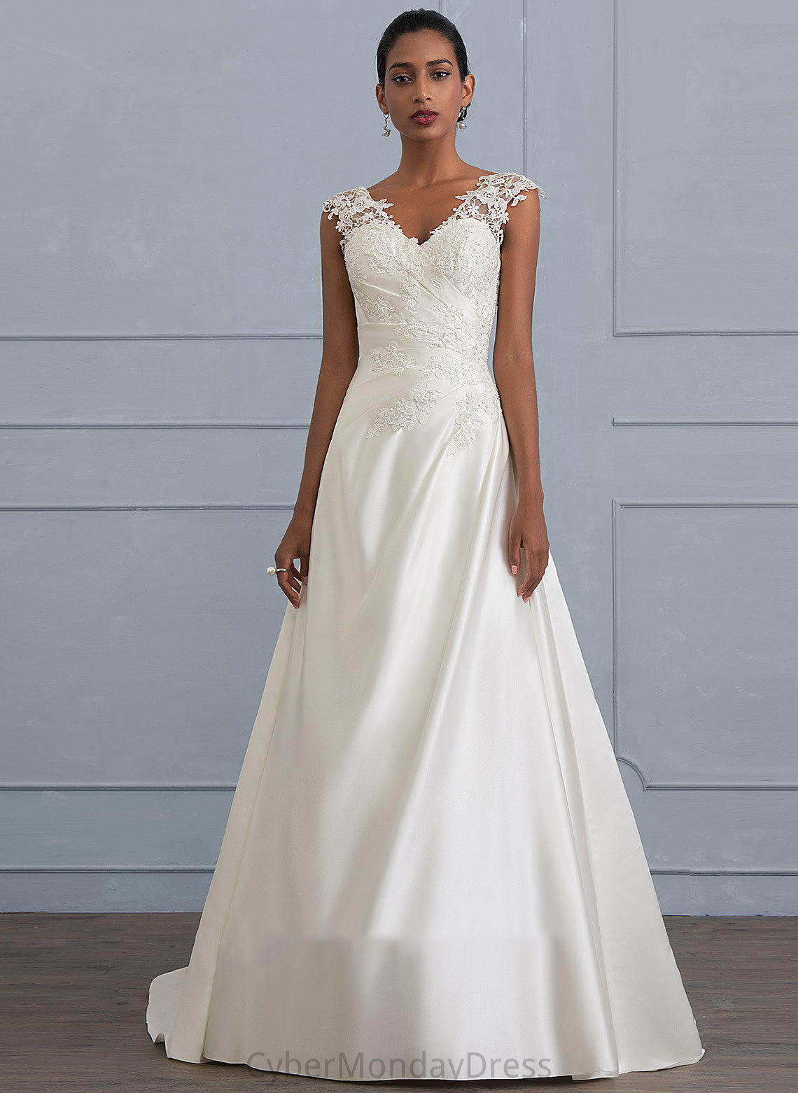 Ball-Gown/Princess Lace Wedding Wedding Dresses V-neck Ruffle Satin Sweep Dress Beading Kayleigh With Sequins Train