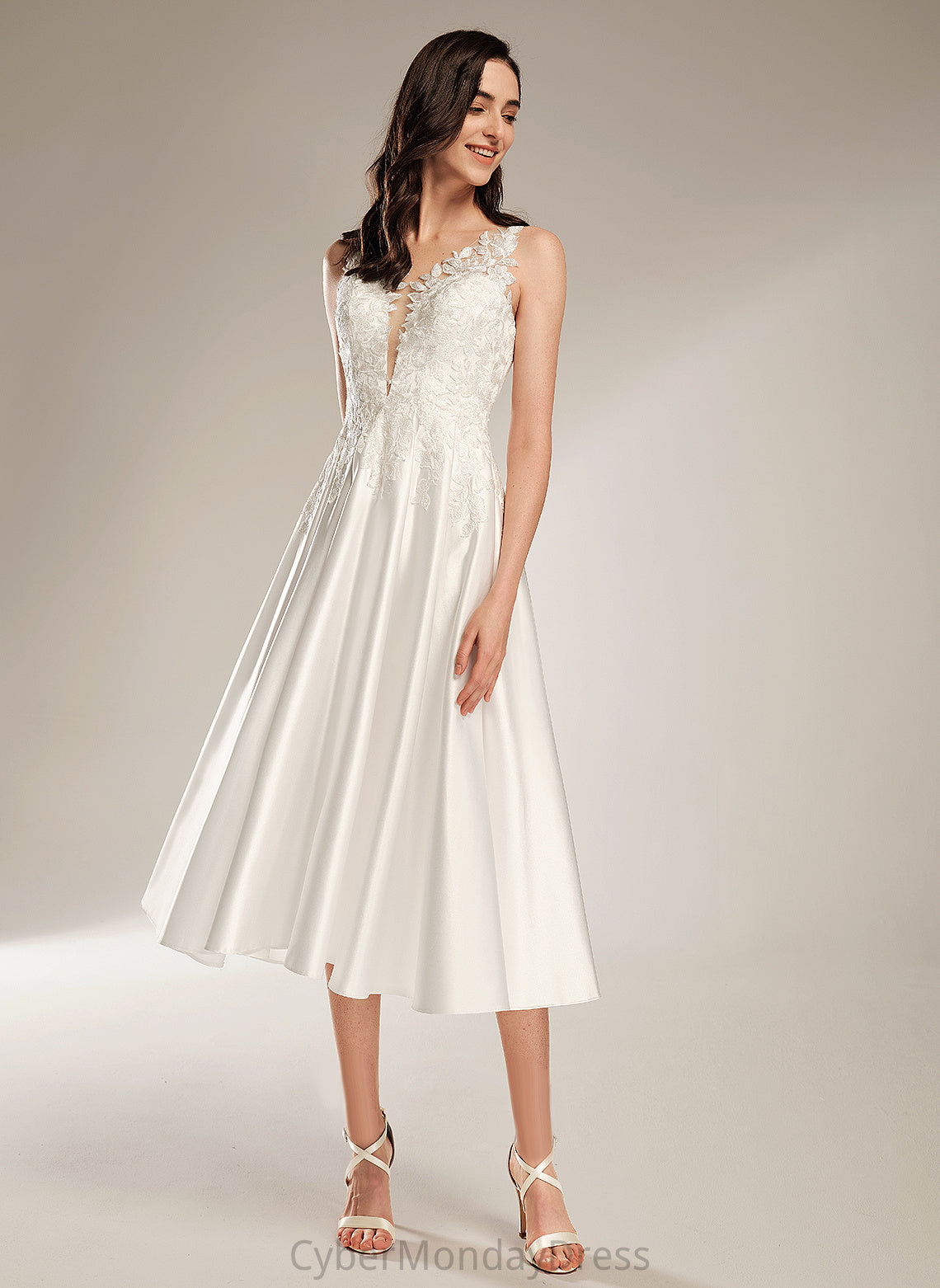 Wedding Dress Lace Tea-Length V-neck Satin Simone Wedding Dresses A-Line