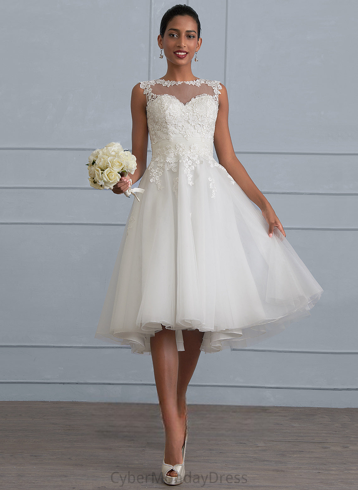 Illusion Ruffle With Wedding A-Line Dress Lace Asymmetrical Wedding Dresses Chana Tulle