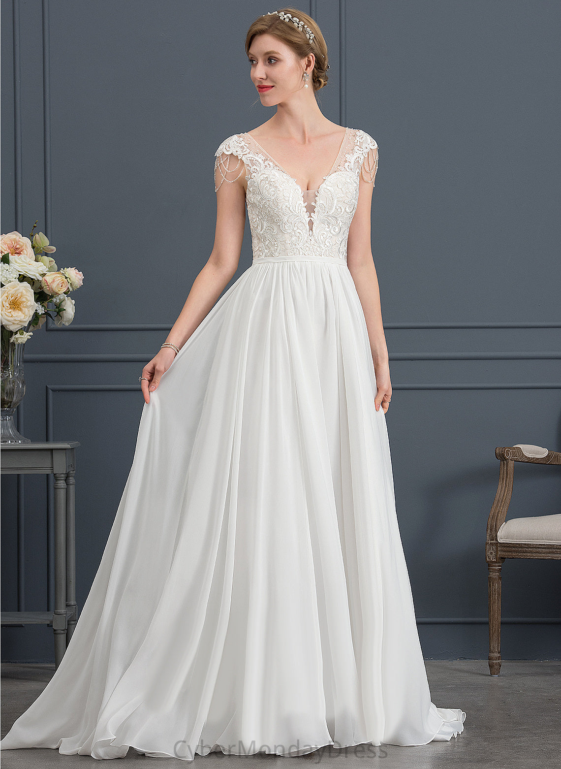 A-Line With Sequins V-neck Sweep Beading Dress Wedding Dresses Chiffon Lace Madilyn Train Wedding