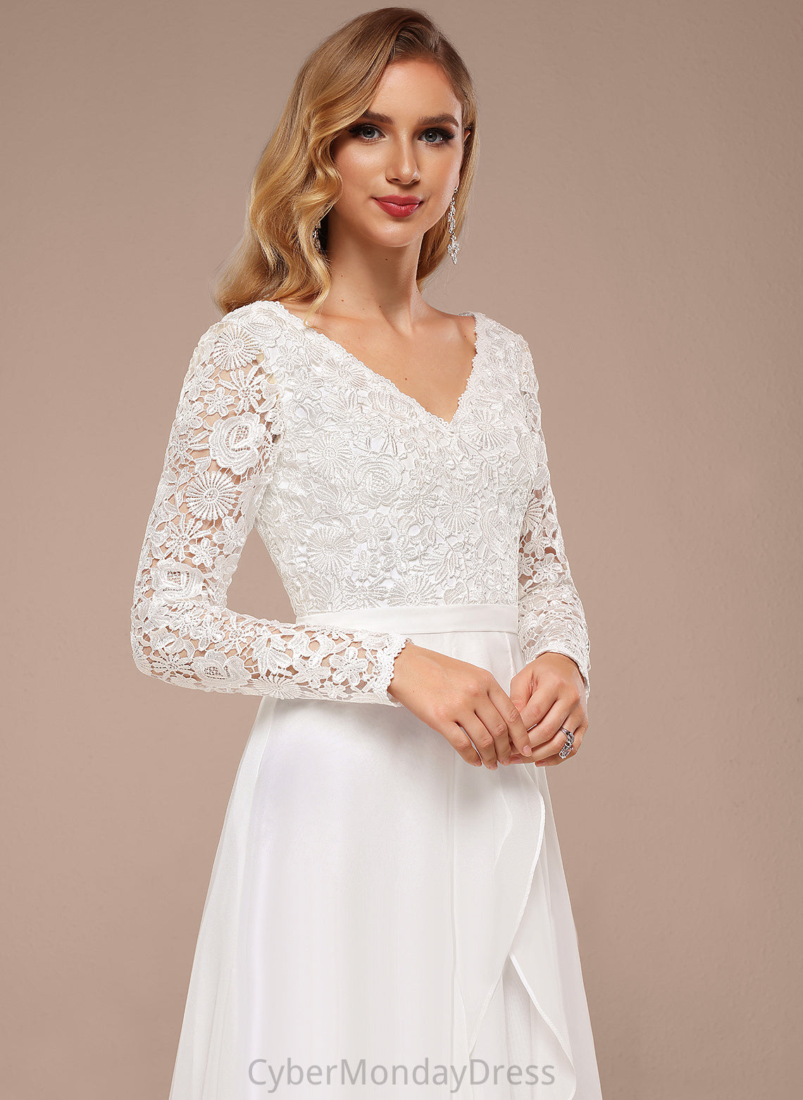 Deja Wedding Asymmetrical Lace Wedding Dresses A-Line Dress V-neck Chiffon