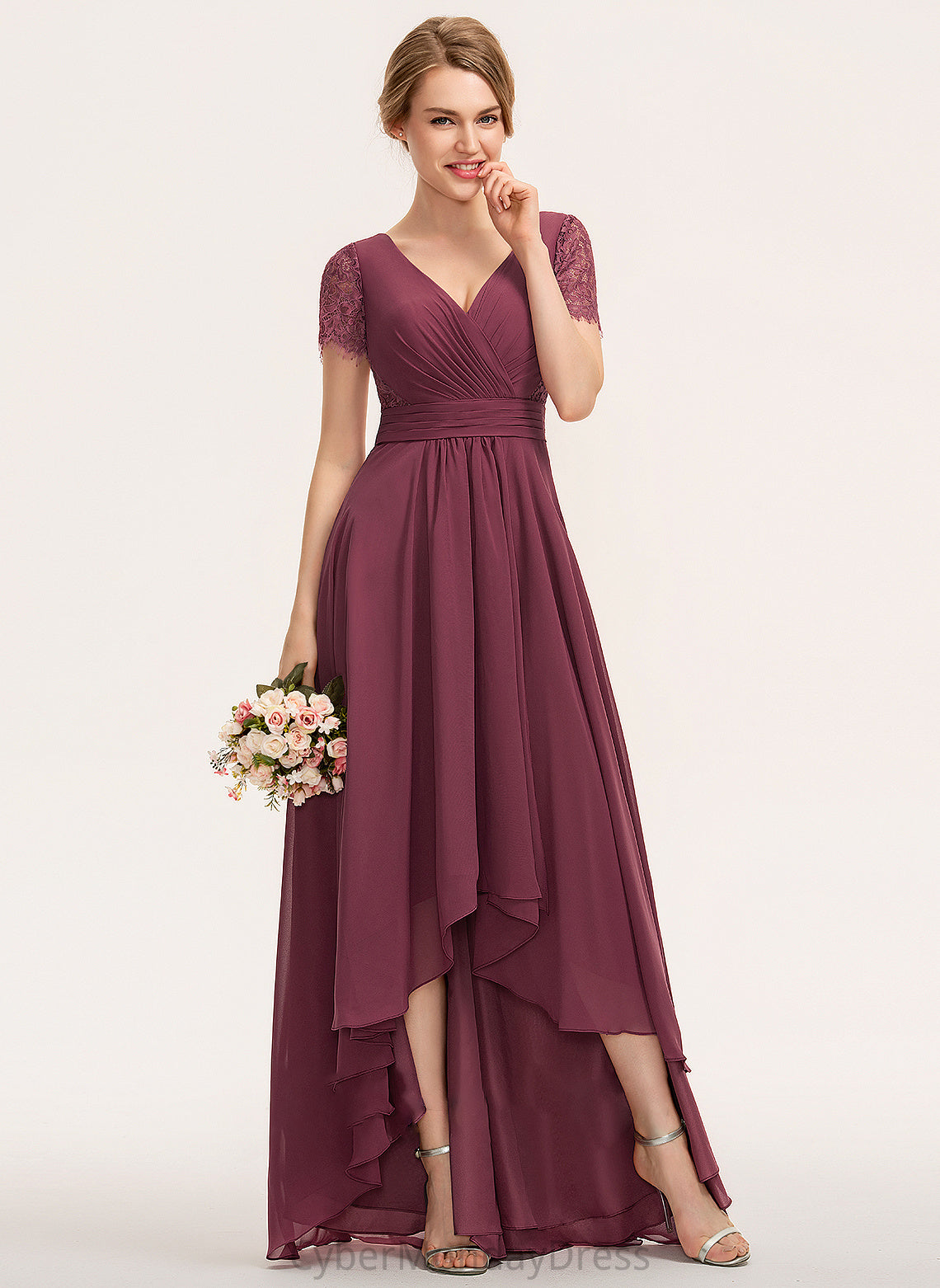 Length Silhouette A-Line Fabric Embellishment V-neck Ruffle Neckline Asymmetrical Juliette Bridesmaid Dresses