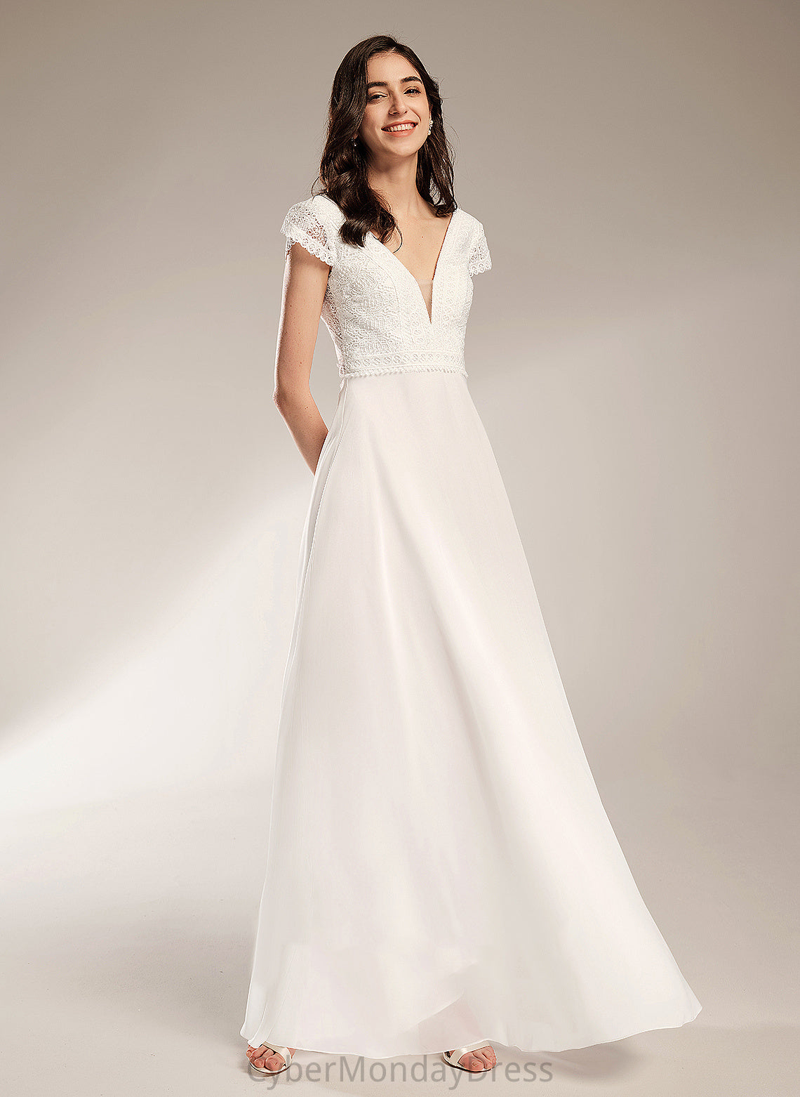 Wedding Dresses Chiffon Kira V-neck Dress Wedding Lace Floor-Length A-Line