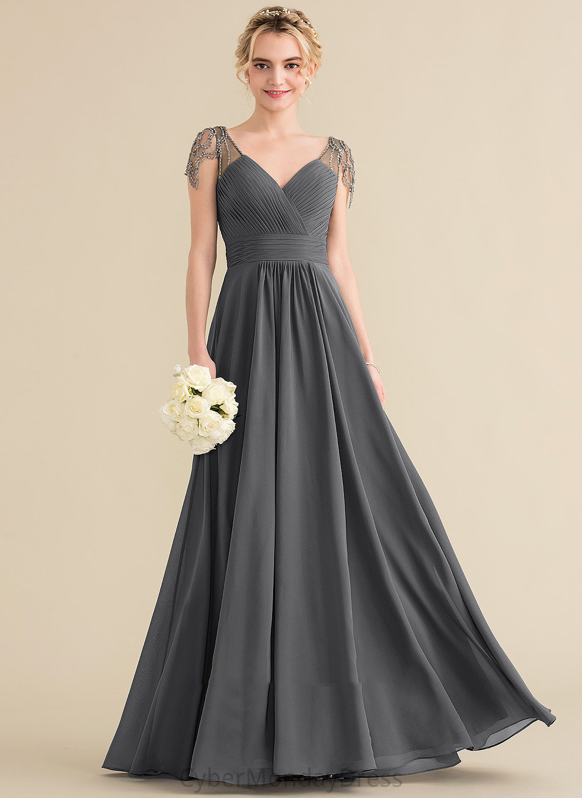 Ruffle Neckline Beading Sequins V-neck Fabric Length Floor-Length A-Line Silhouette Embellishment Aleena Bridesmaid Dresses