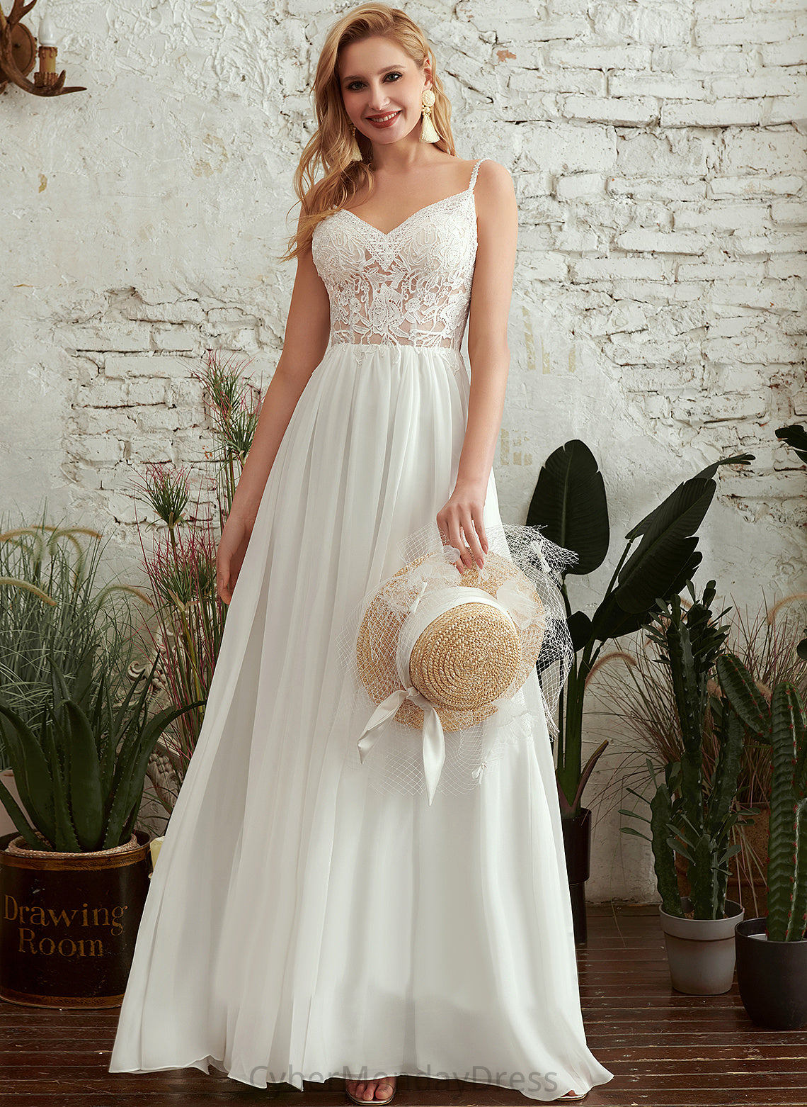 Abigayle Floor-Length Front Wedding Wedding Dresses With V-neck Split Dress A-Line Beading Lace Chiffon