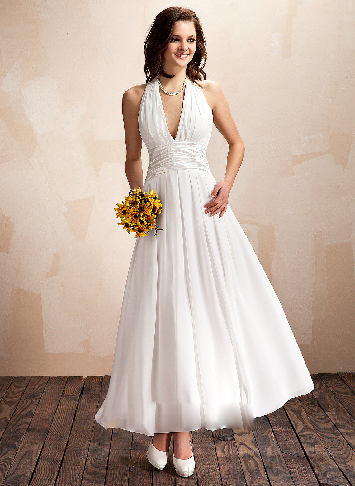 Wedding Dresses With A-Line Bow(s) Ankle-Length Wedding Halter Ruffle Chiffon Dress Vivian