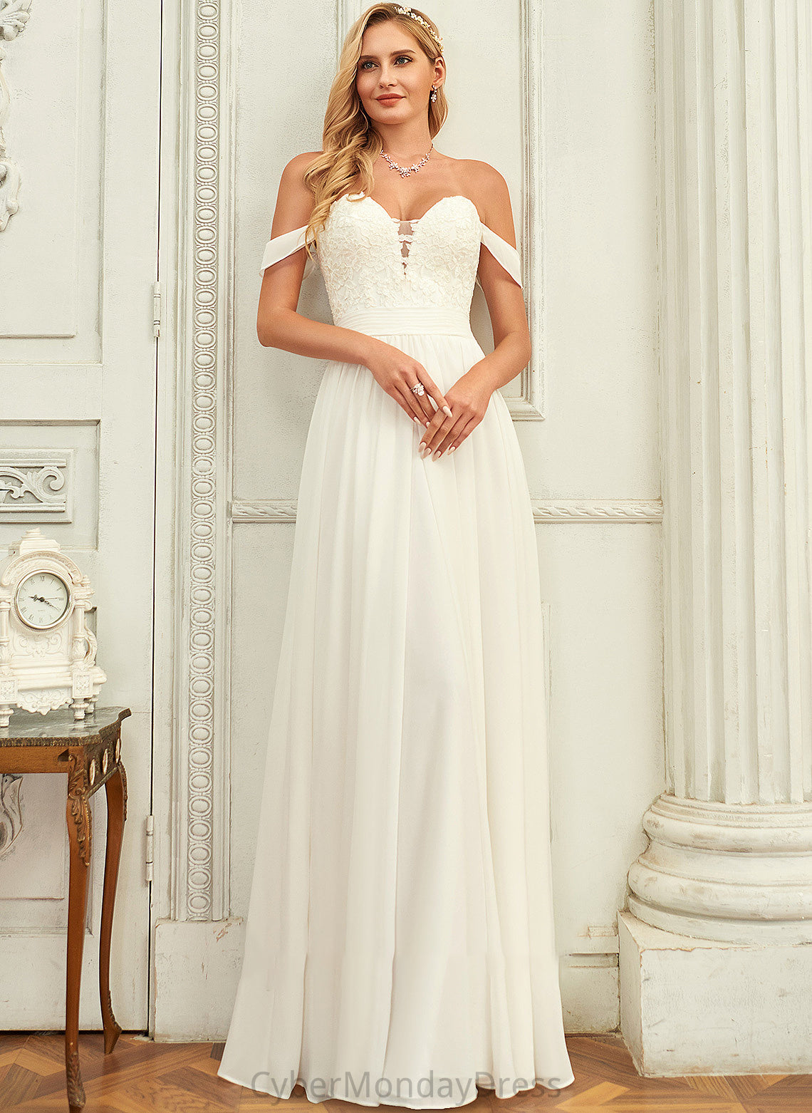 Wedding Dresses Chiffon A-Line Lia Wedding Floor-Length Off-the-Shoulder Lace Dress