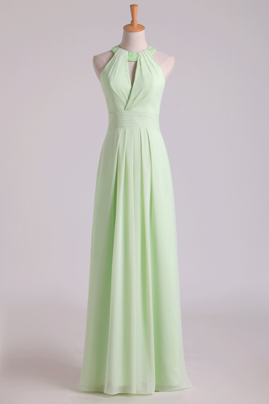 2024 Sexy Scoop A Line Bridesmaid Dresses Chiffon With Beads Sage