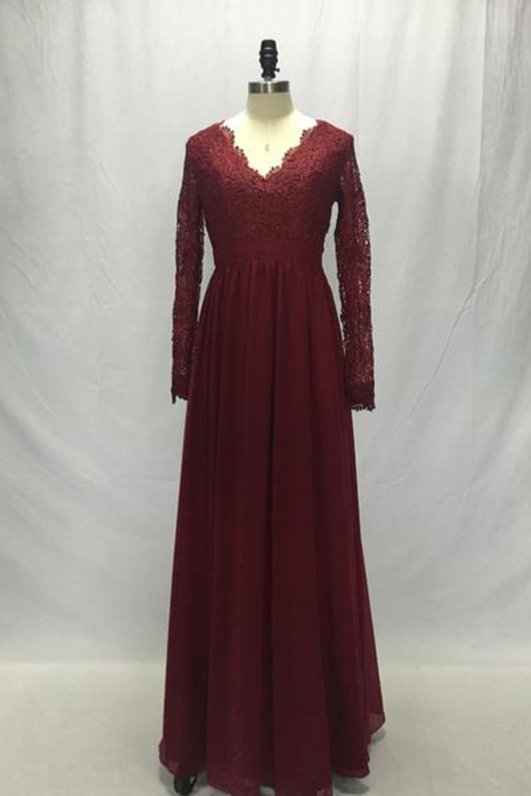 Long Sleeves V-Neck Lace Chiffon A-Line Maroon Prom Dresses Bridesmaid Dresses