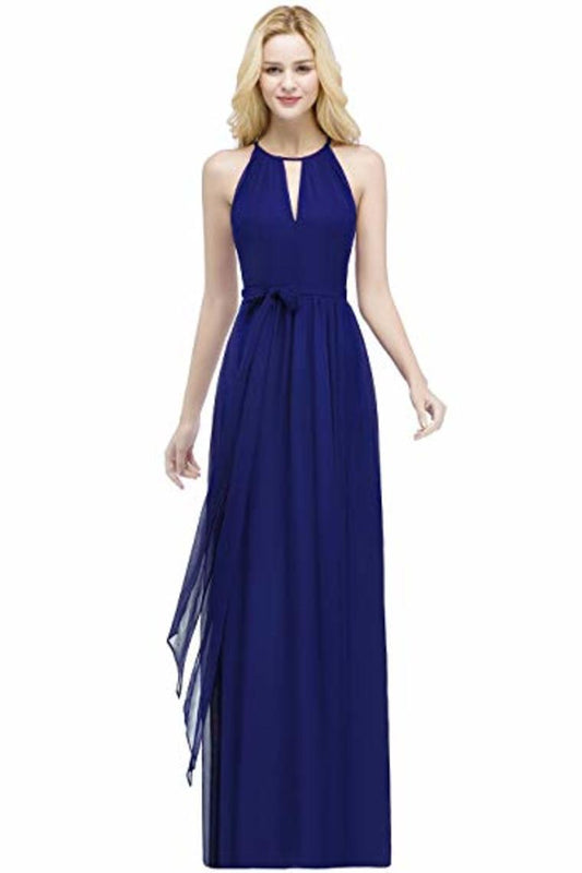 Bow Knot Chiffon Round Neck A Line Sleeveless Wedding Bridesmaid Long Evening Festive Party Dress