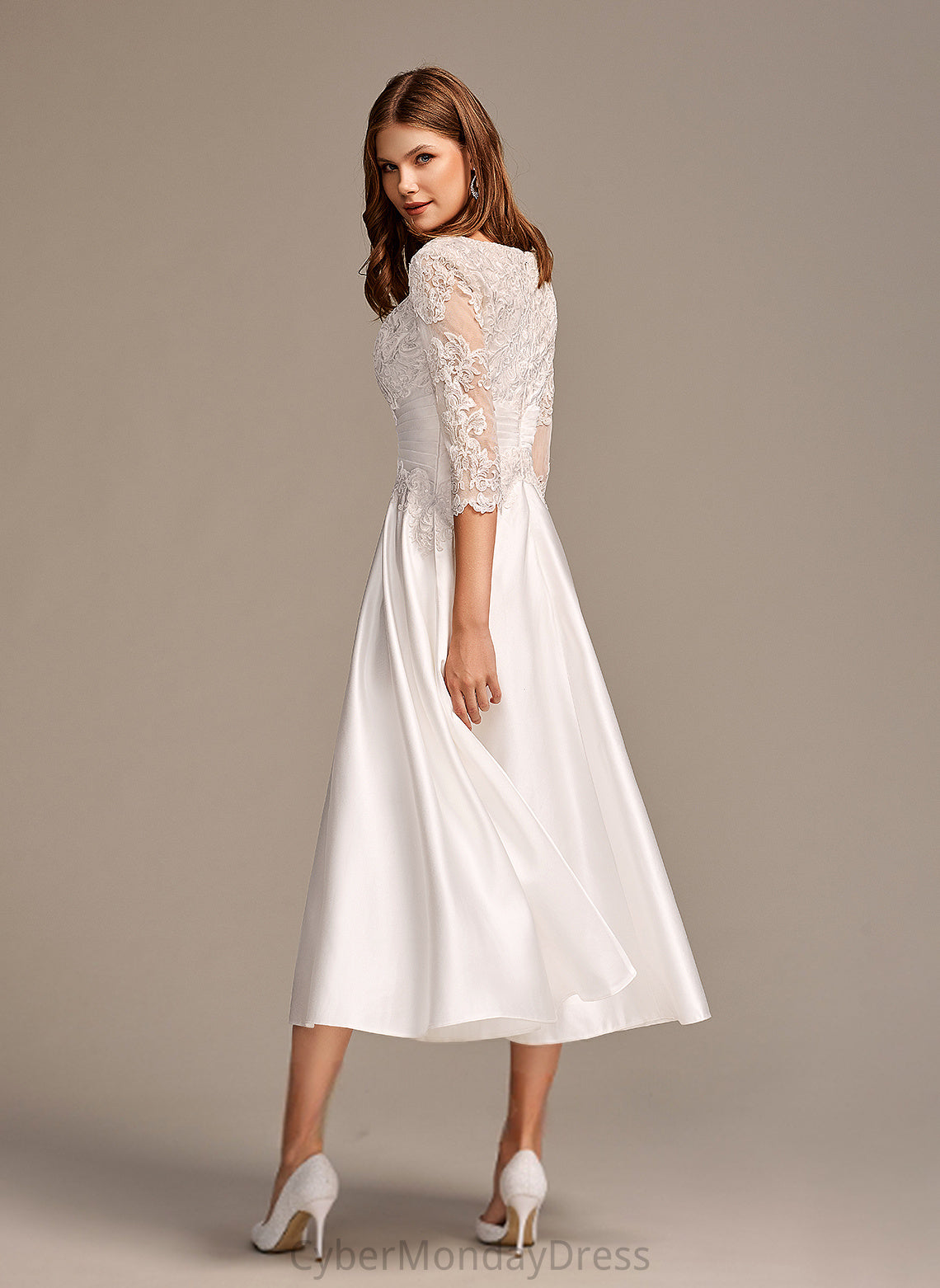 Leah Satin Wedding Scoop Tea-Length A-Line Wedding Dresses Lace Dress