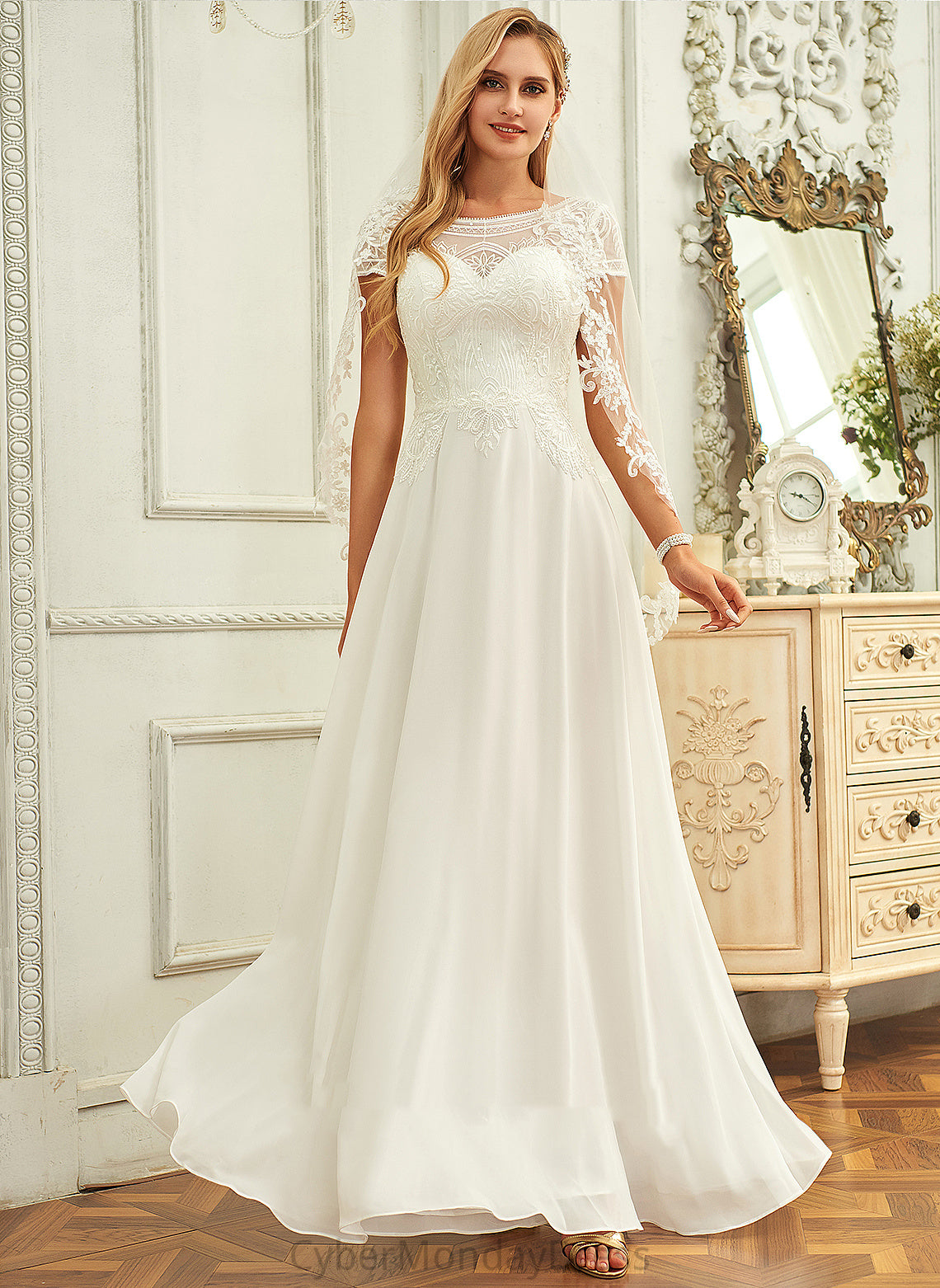 Dress Wedding Dresses Kendal Chiffon Scoop Sequins With Wedding Floor-Length Lace