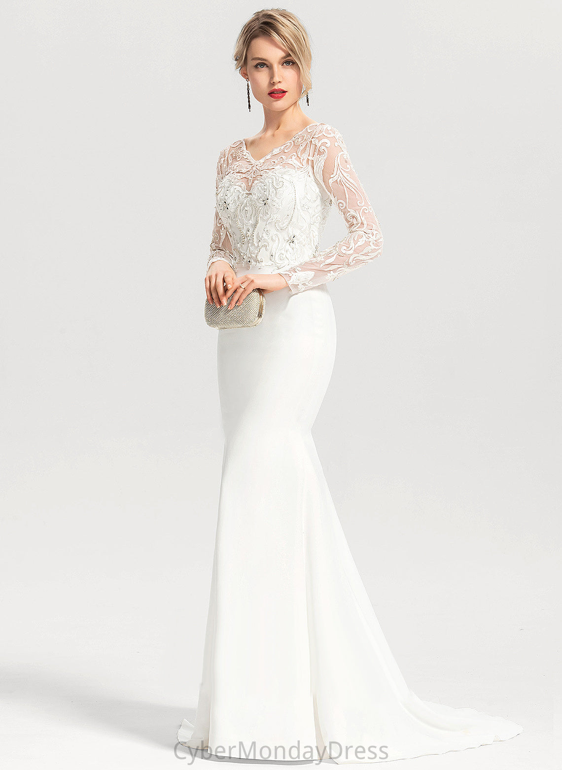 Minnie V-neck Wedding Train With Beading Stretch Trumpet/Mermaid Sweep Lace Sequins Dress Wedding Dresses Crepe